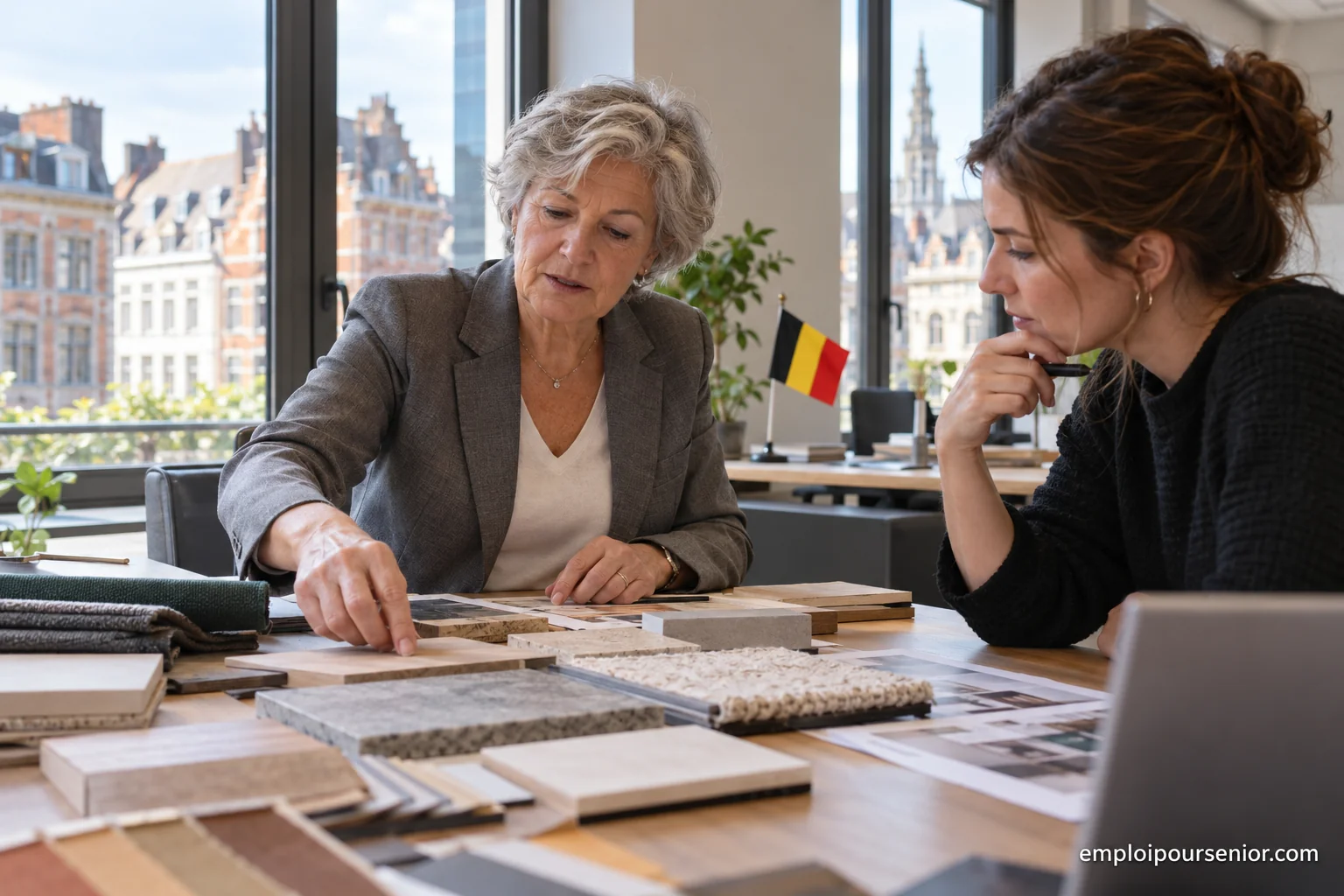 Eine erfahrene Angestellte und eine Kollegin besprechen gemeinsam Unterlagen in einem belgischen Büro.