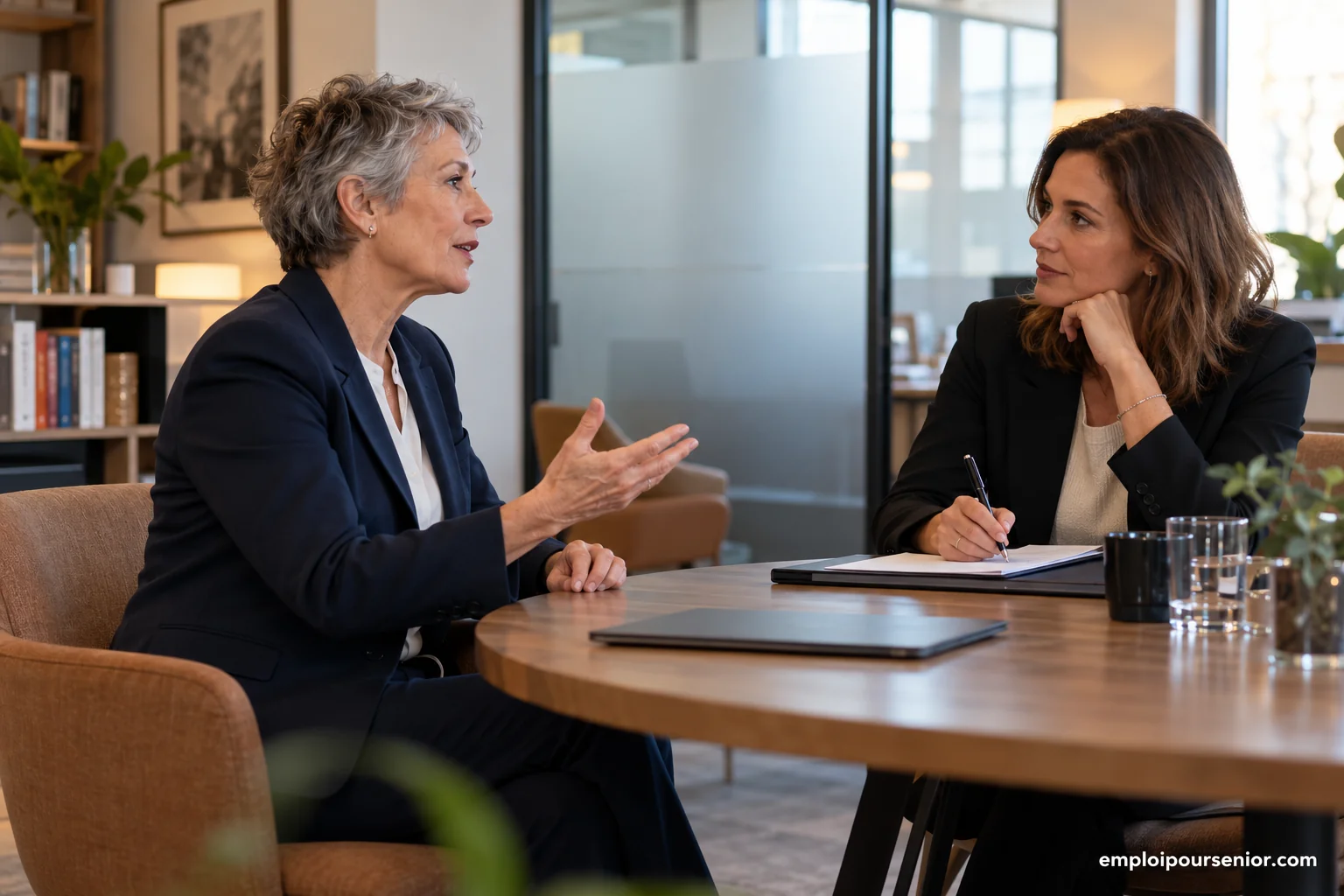 A senior candidate talks with a female recruiter during a one-to-one meeting in a bright office.