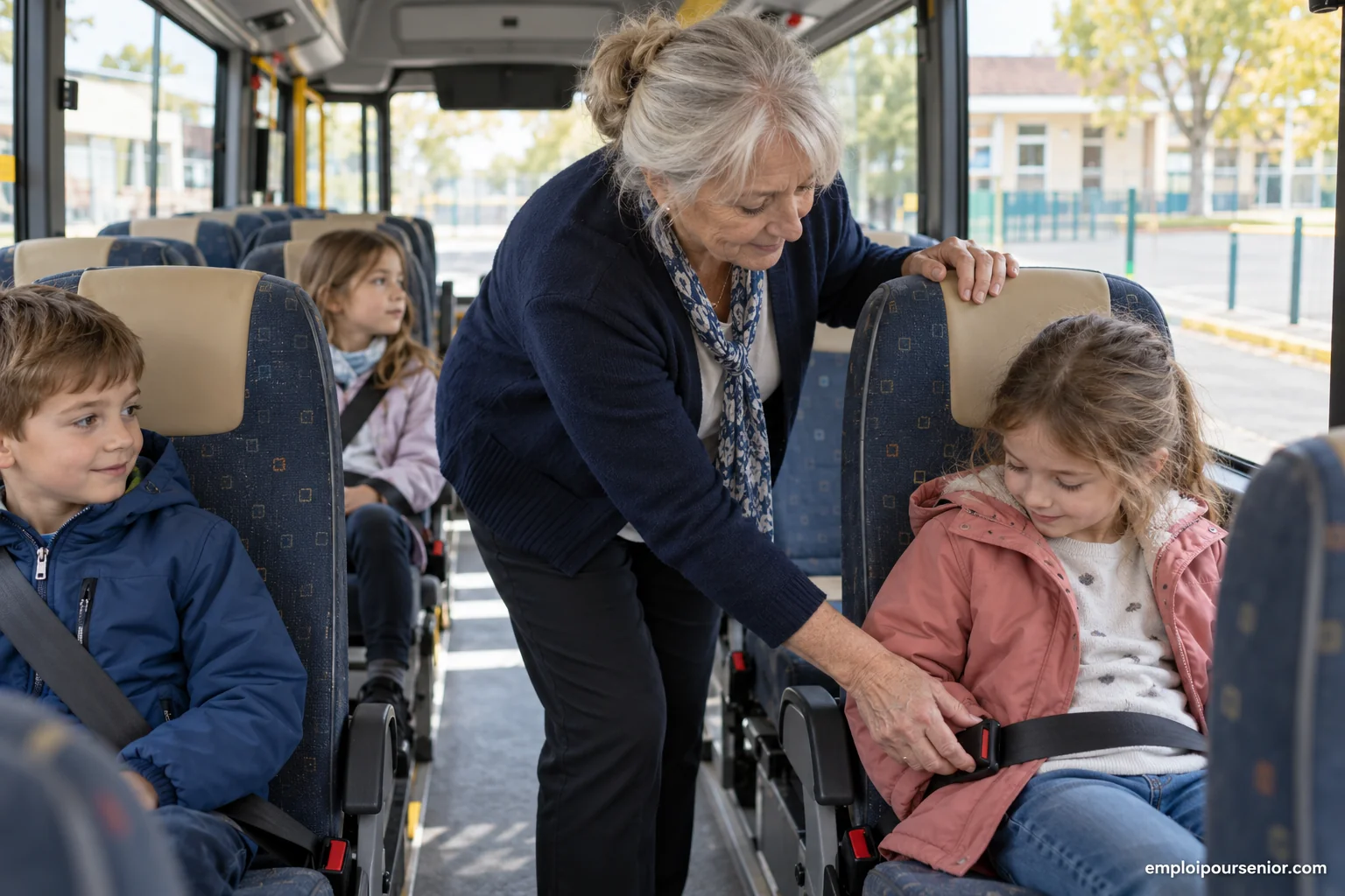 Accompagnatrice senior vérifiant la ceinture d'un élève dans un car scolaire arrêté.