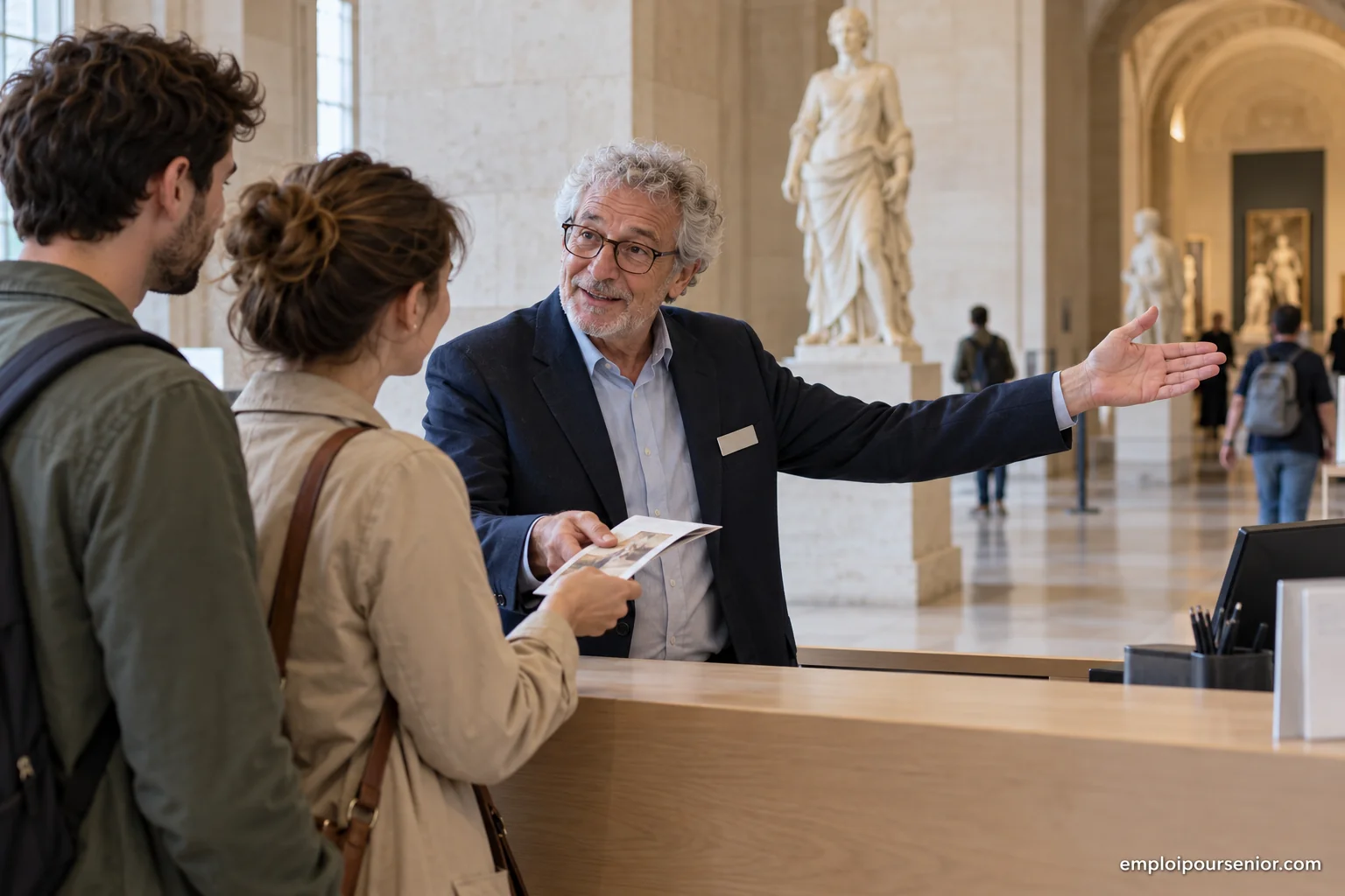 Senior reception assistant handing a floor plan to visitors inside a museum entrance hall