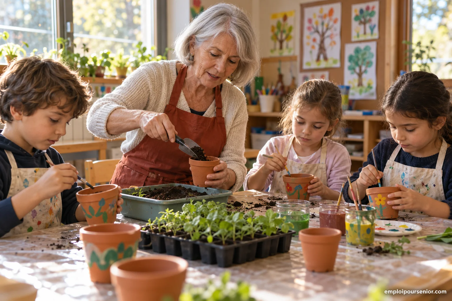 Animatrice senior accompagnant des enfants qui préparent des pots de semis à l’école