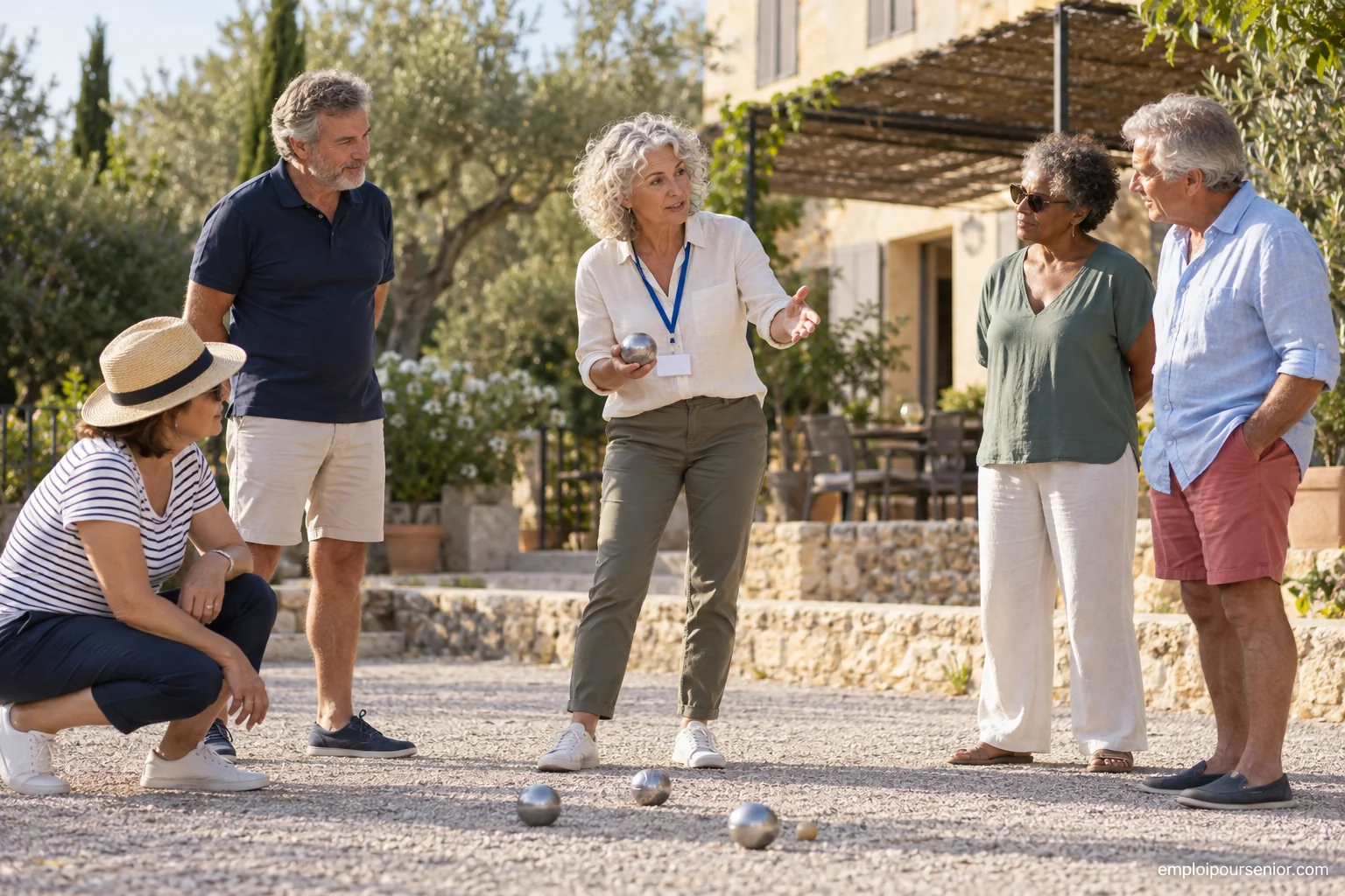Senior entertainer explaining the rules of boules to a group of adult holidaymakers
