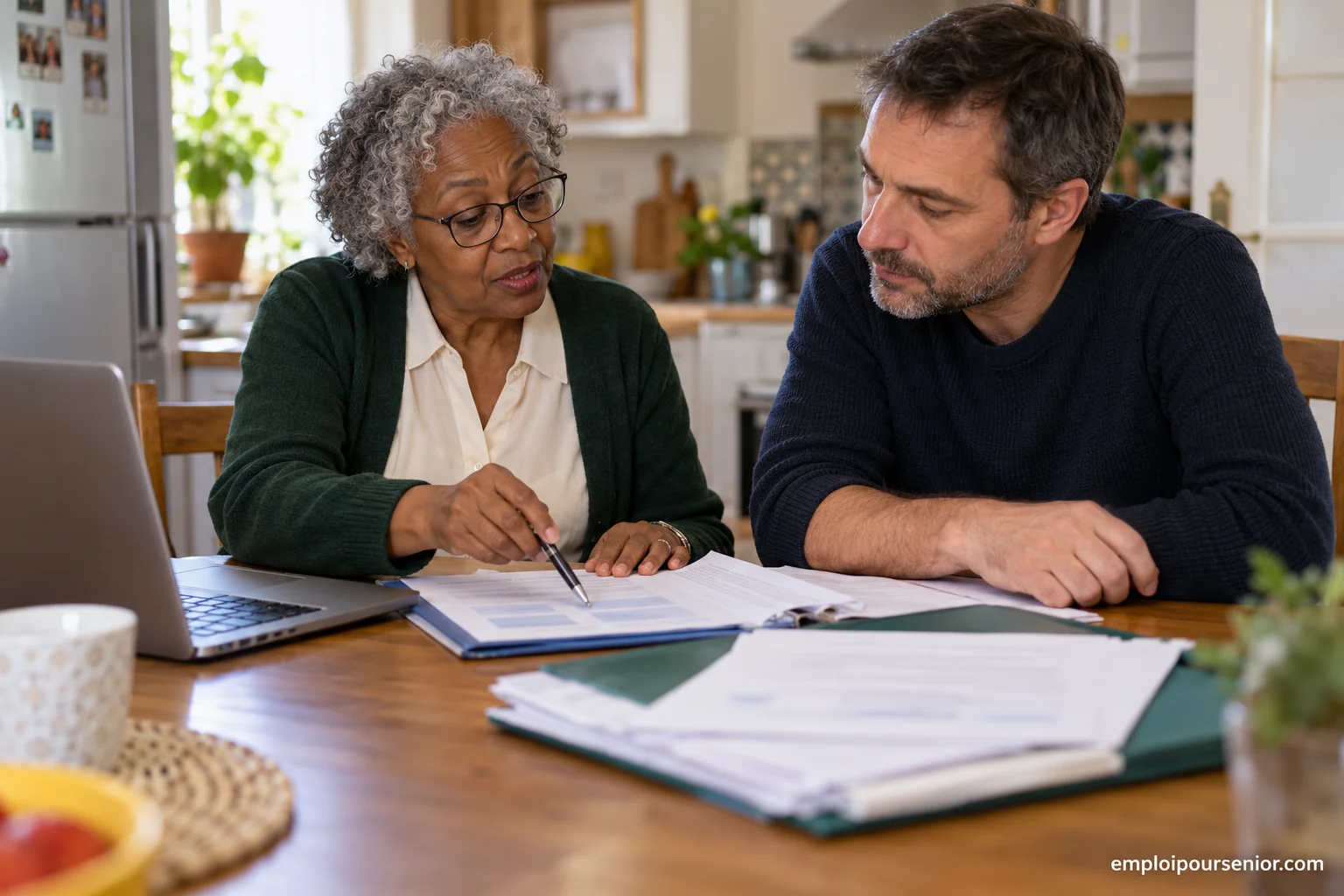 Assistante administrative senior expliquant un formulaire à un client à son domicile