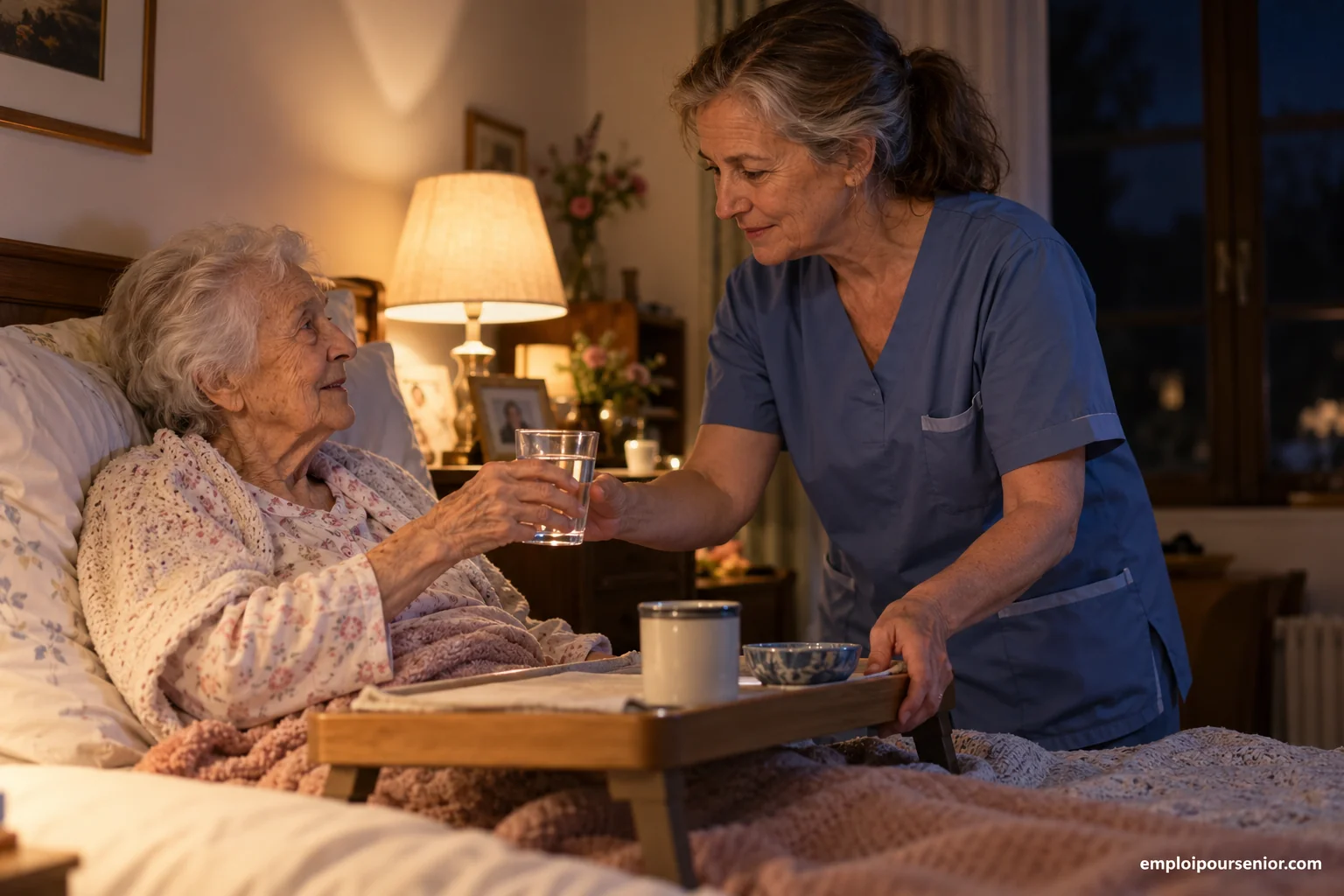 Senior care worker bringing a glass of water to an elderly person in their bedroom at night