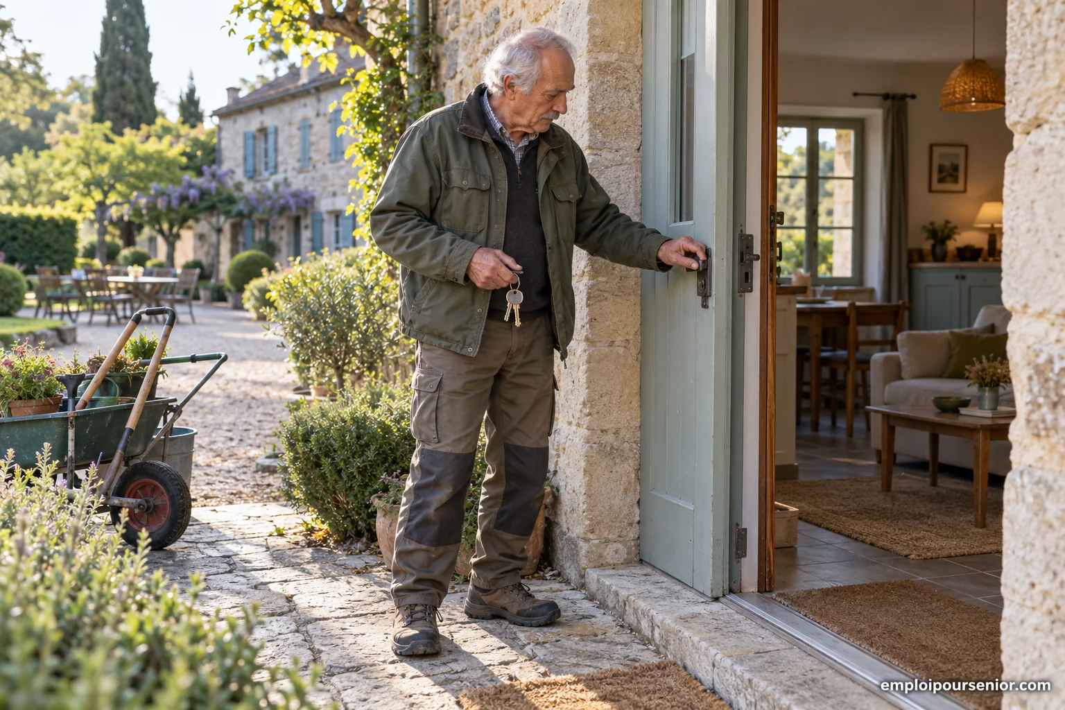 Gardien senior vérifiant la porte d’un logement de fonction près d’une maison d’hôtes.