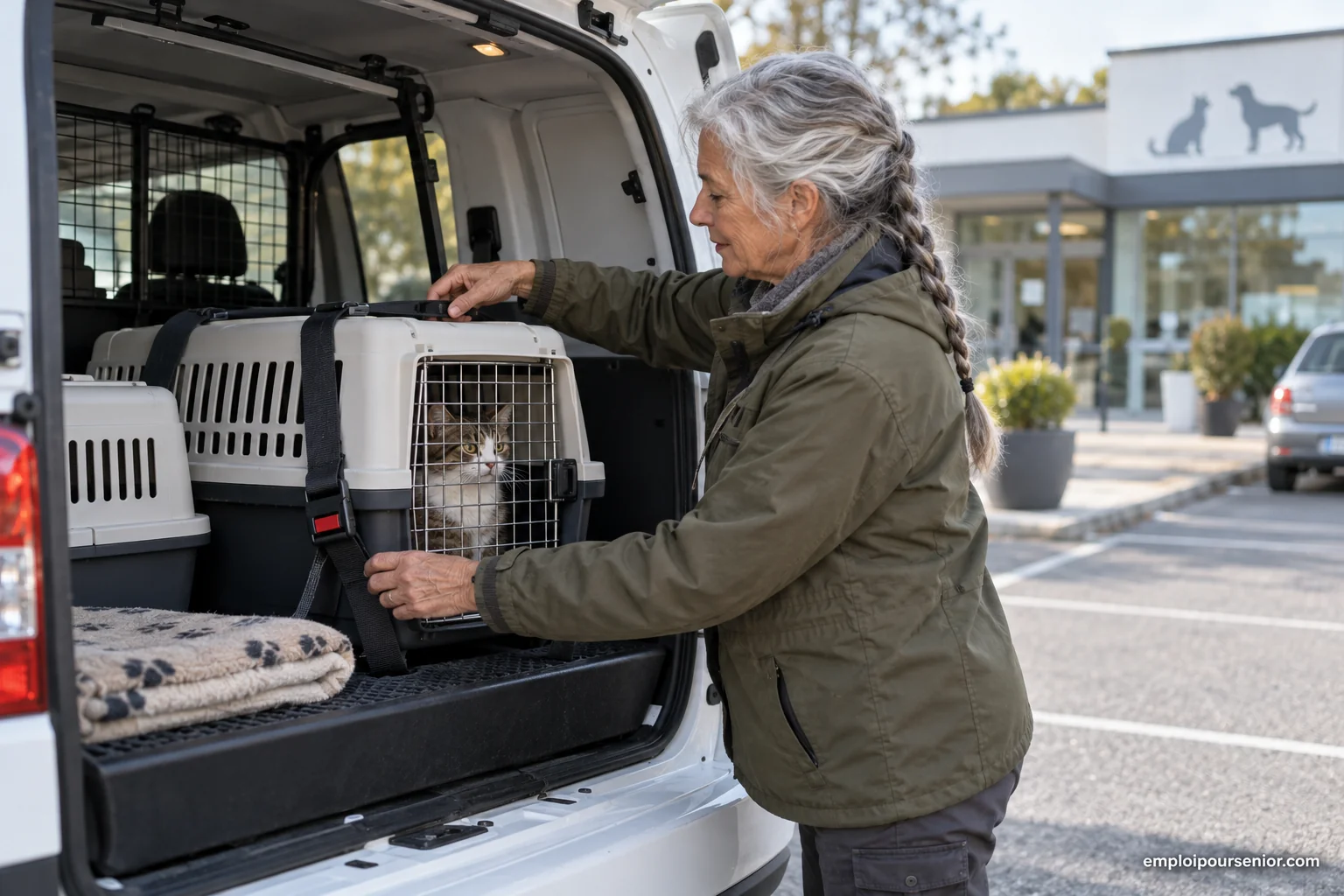 Older woman driver checking the latch of a pet carrier inside a parked vehicle