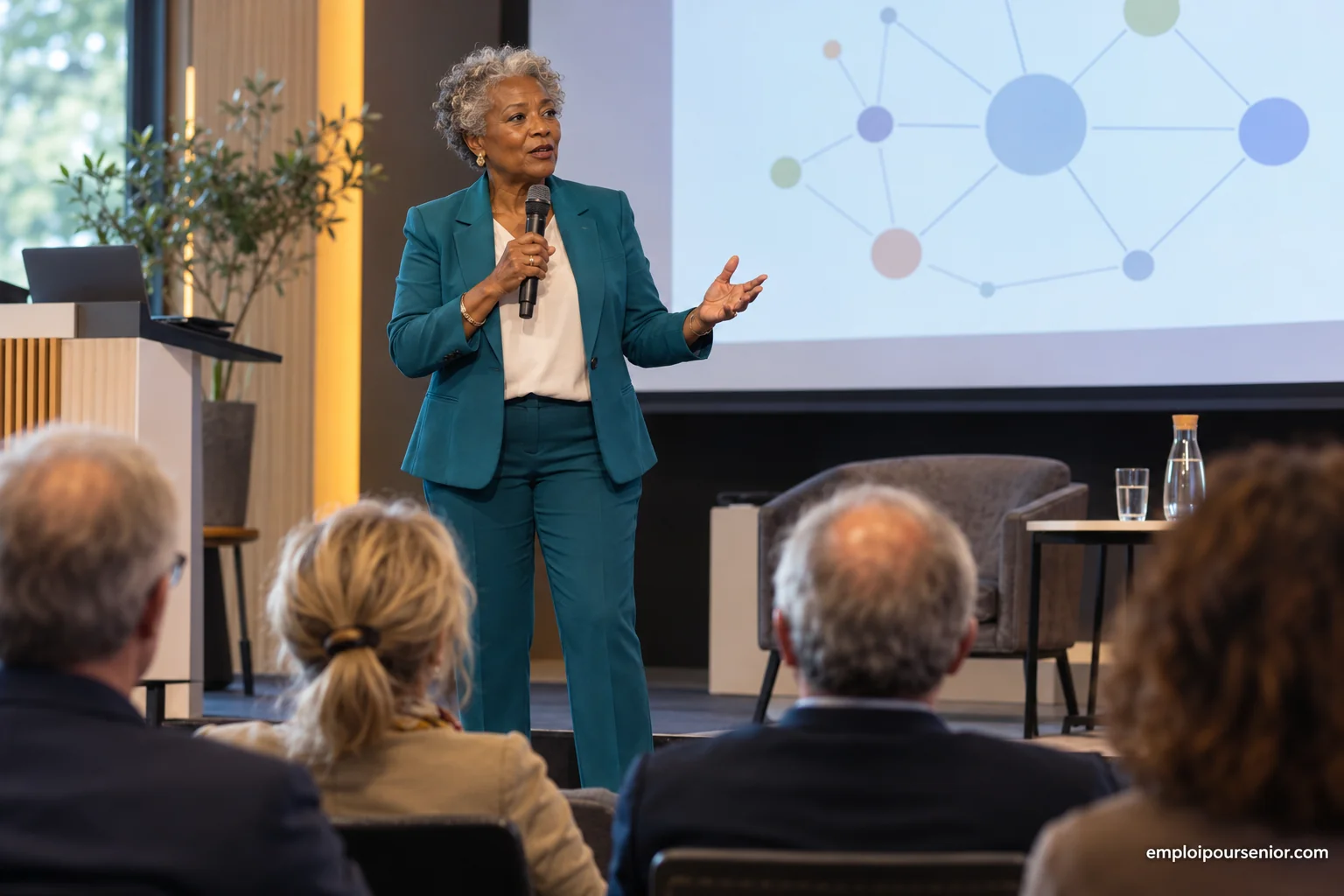 Older woman speaker giving a talk to a professional audience in a conference room