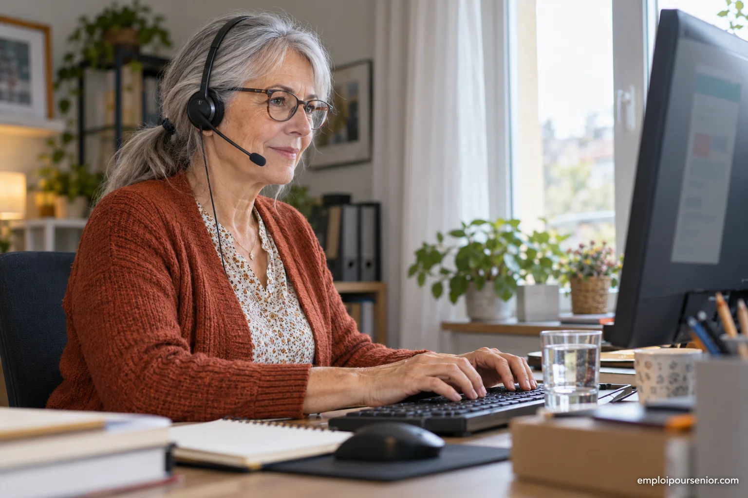 Senior customer service adviser wearing a headset, seated in a home workspace.