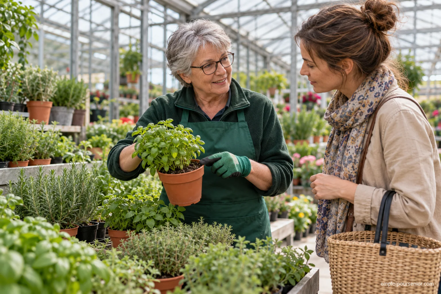 Conseiller senior en jardinerie montrant une plante en pot à une cliente