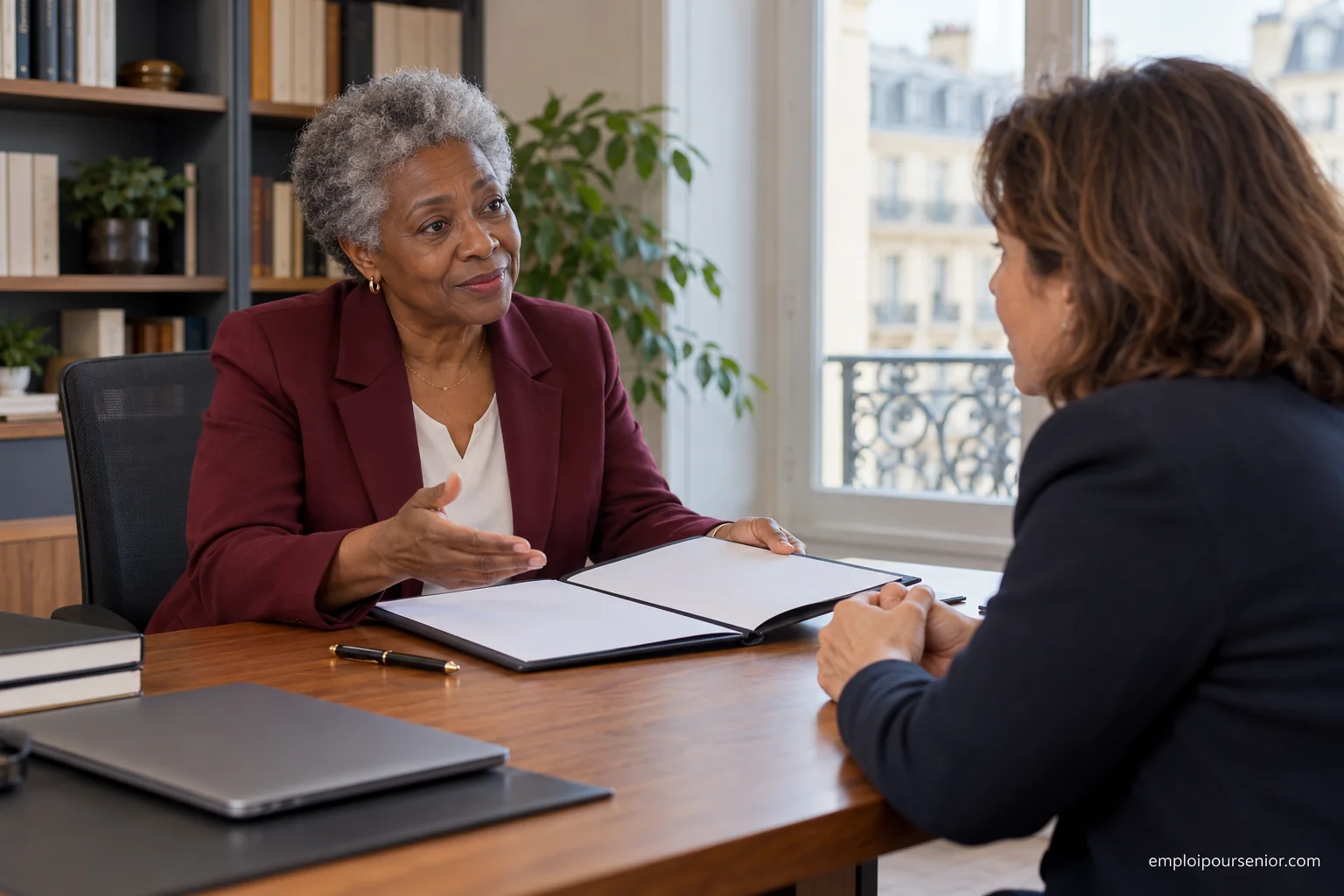Profesional senior comentando un expediente con el responsable de una pequeña empresa.