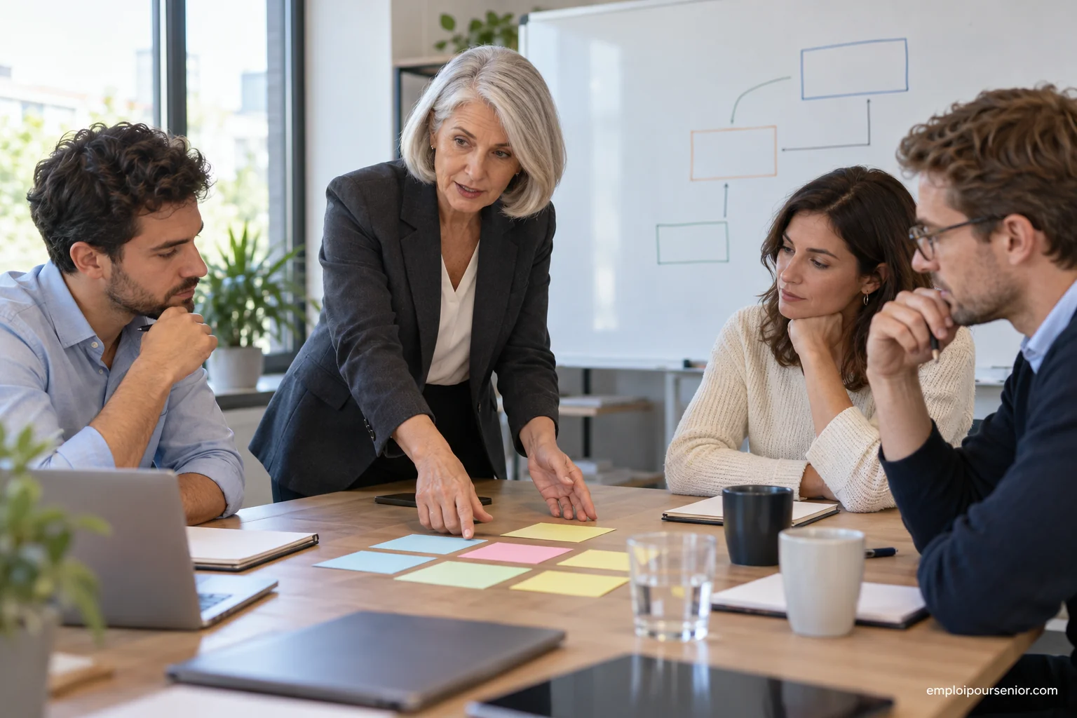 Consultante senior animant un atelier de travail avec une équipe d’entreprise autour d’une table.