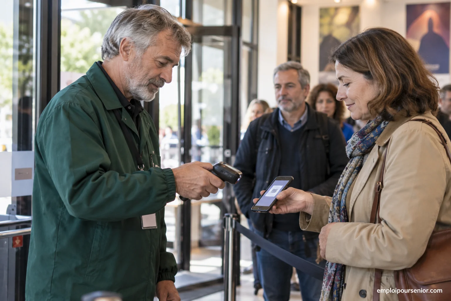 Agent senior scannant le billet présenté sur le téléphone d’un visiteur à l’entrée d’un lieu.