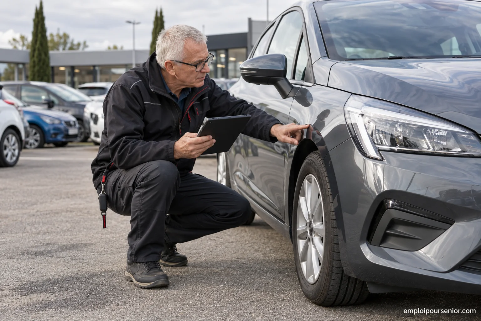 Älterer Fahrer prüft mit einem Tablet die Karosserie eines Fahrzeugs vor der Überführung.