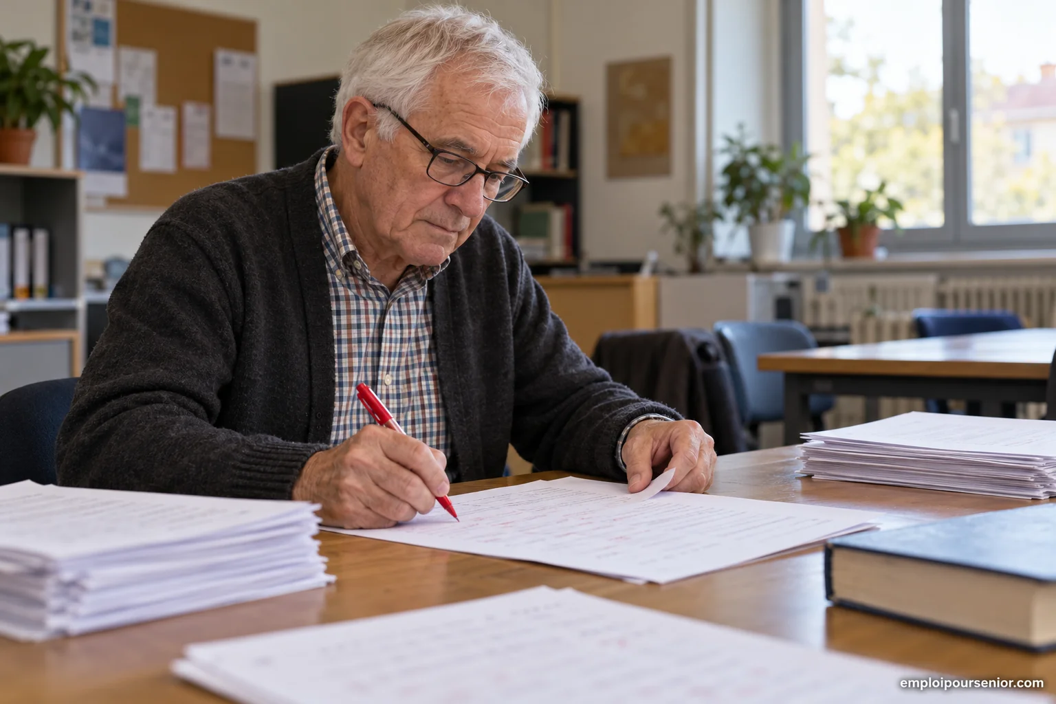 Enseignant retraité corrigeant des copies anonymes dans une salle calme, avec barème et stylo