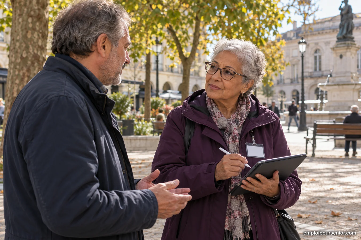 Enquêtrice senior recueillant une réponse sur tablette lors d’un entretien dans une place publique.