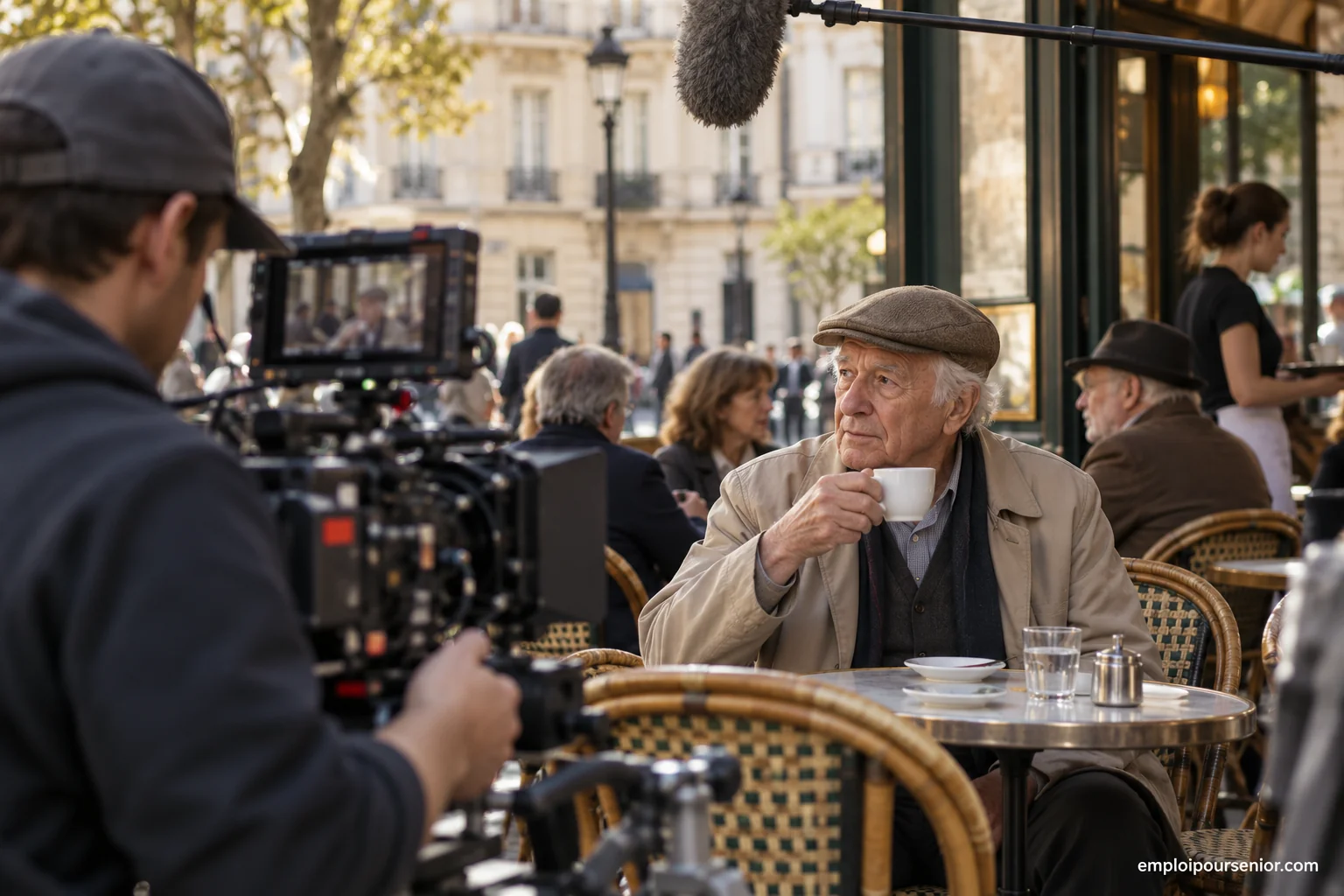 Figurant senior jouant un client de café pendant un tournage