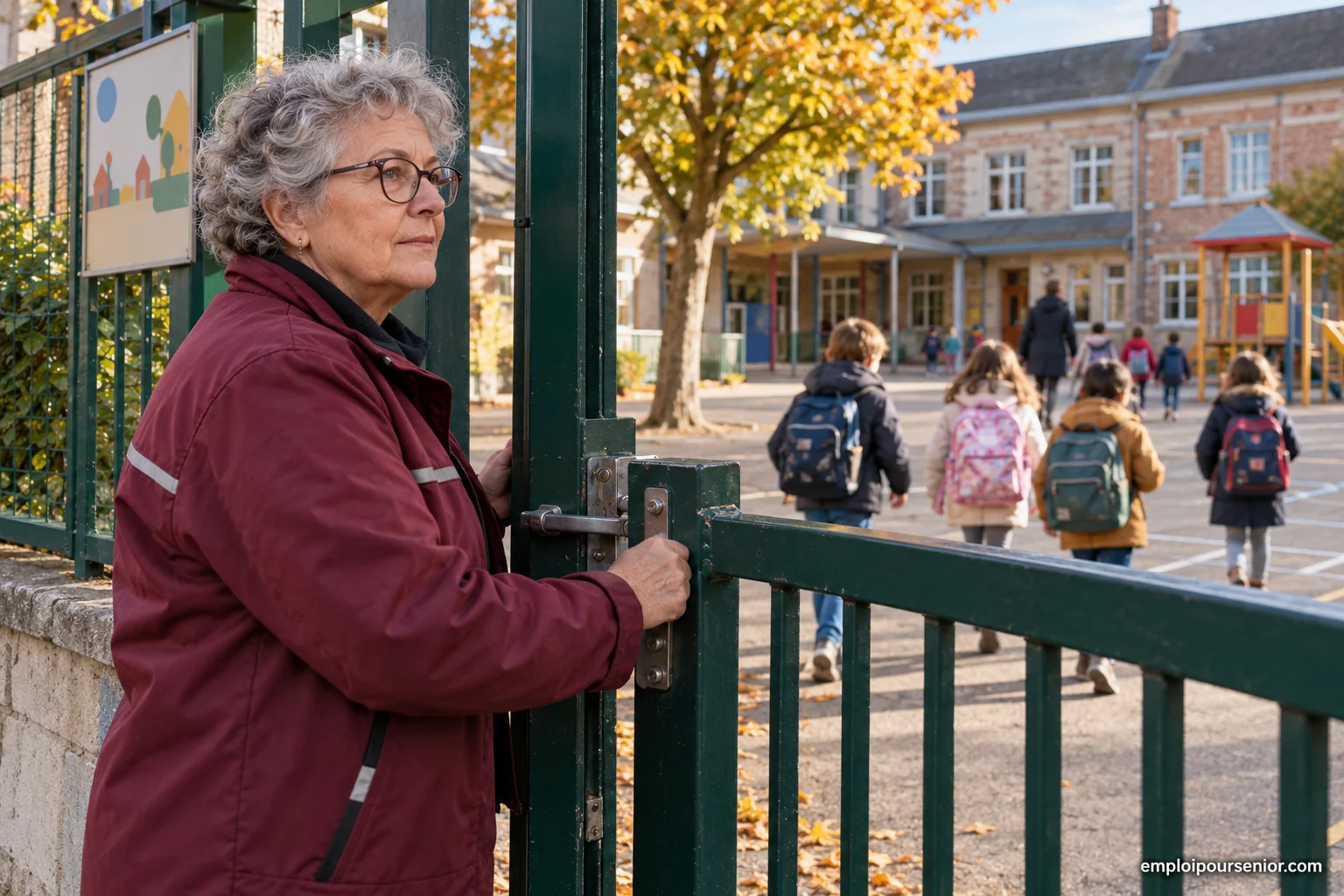 Gardienne senior contrôlant le verrou du portail d'une école primaire le matin