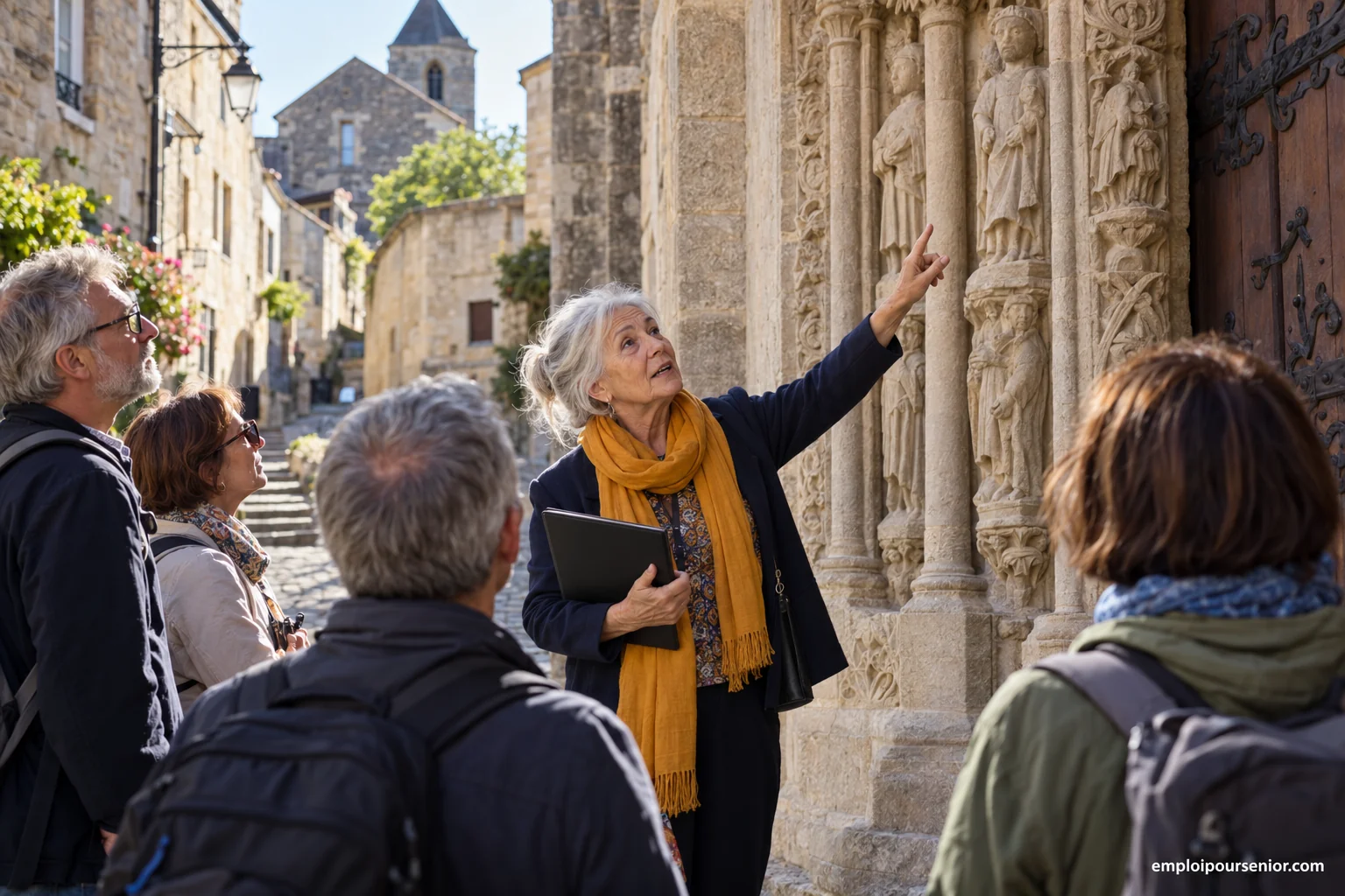 Guide senior expliquant un détail architectural à un petit groupe de visiteurs.