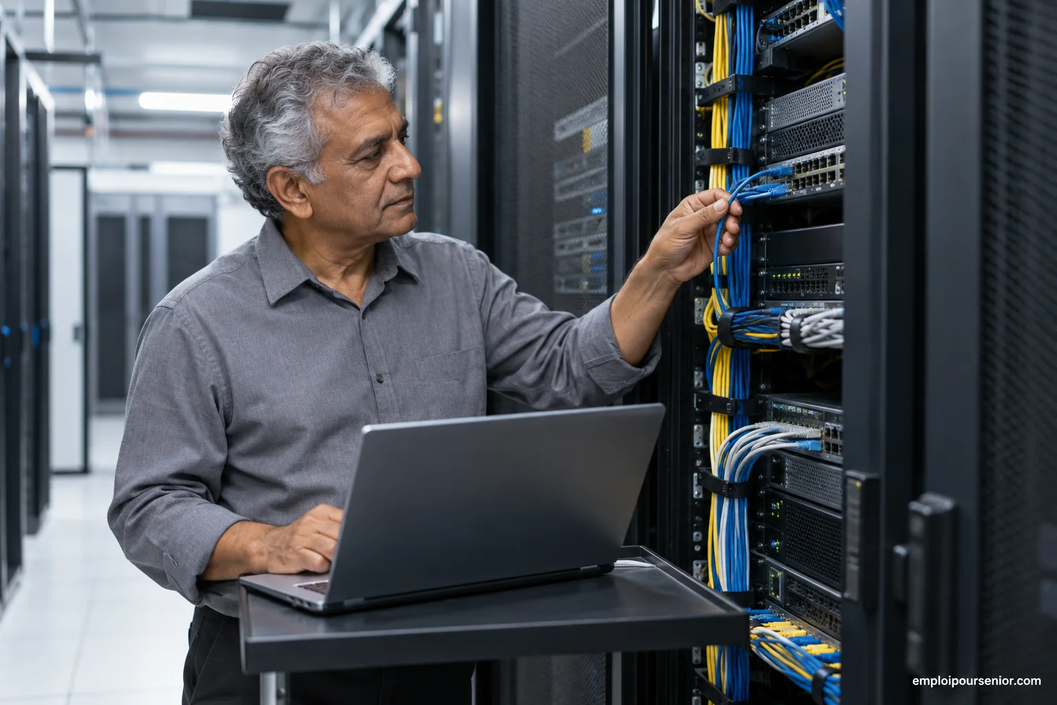 Erfahrener IT-Techniker prüft in einem Serverraum ein Netzwerkkabel am Patchfeld.
