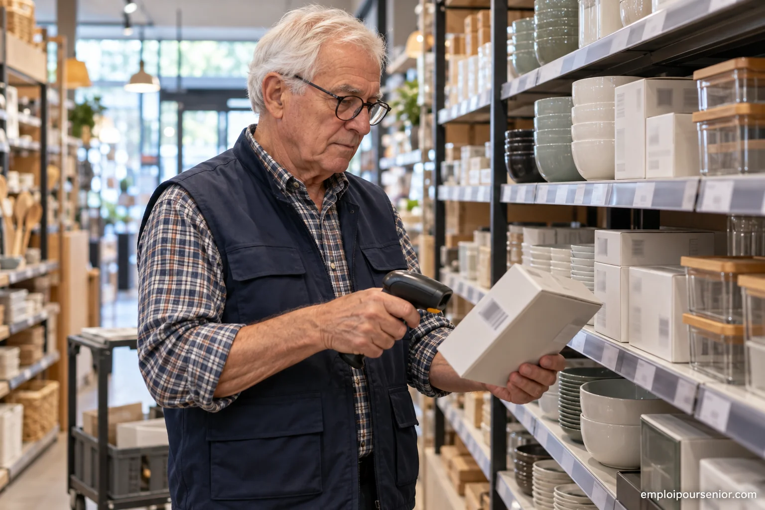 Ältere Inventurkraft scannt einen Artikel am Regal in einem Geschäft