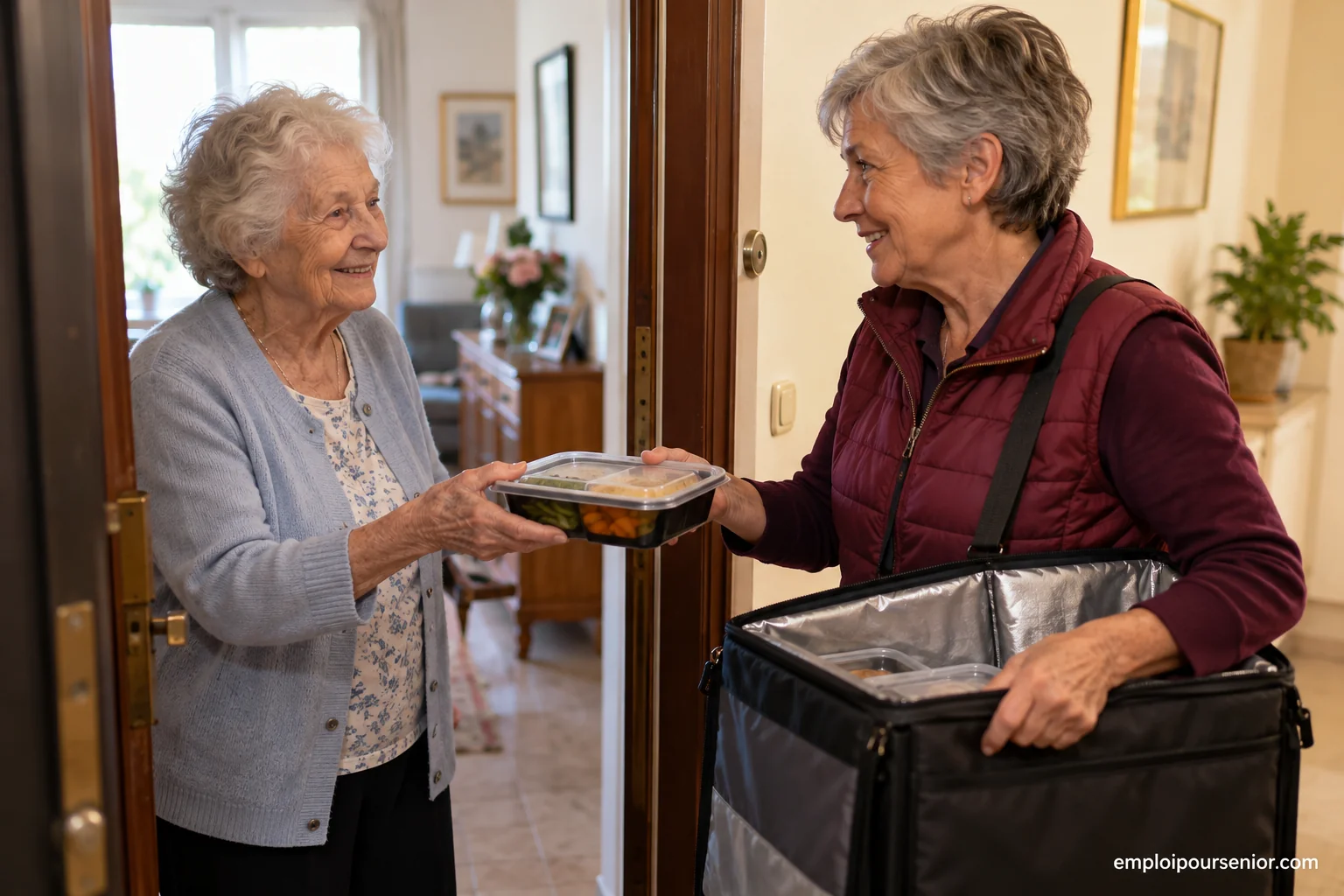 Livreuse senior remettant un repas conditionné à une cliente sur le pas de sa porte