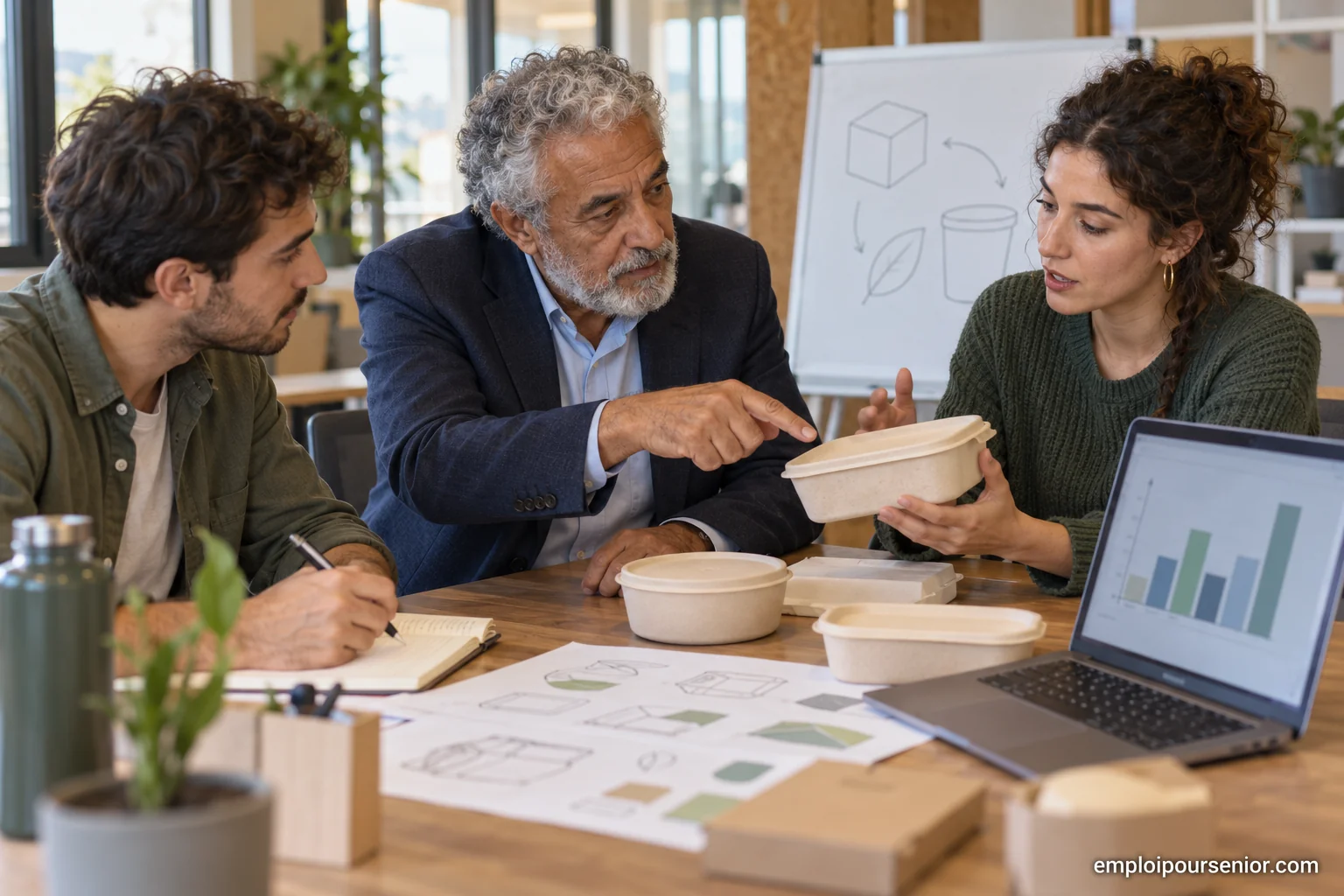 Mentor senior échangeant avec deux jeunes entrepreneurs autour d’un prototype posé sur une table