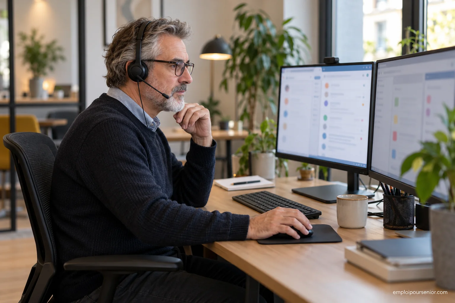 Modérateur senior examinant des messages sur deux écrans dans un bureau calme.