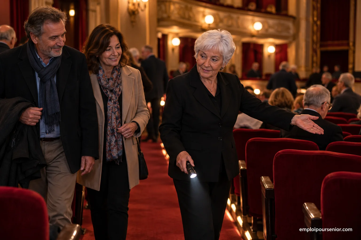Ouvreuse senior indiquant une rangée à des spectateurs dans un théâtre.