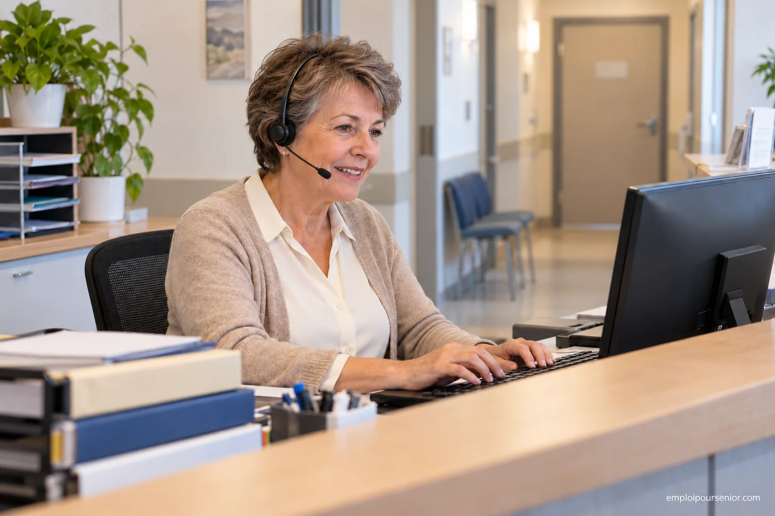 Secrétaire médicale senior travaillant avec un casque téléphonique à l’accueil d’un cabinet.