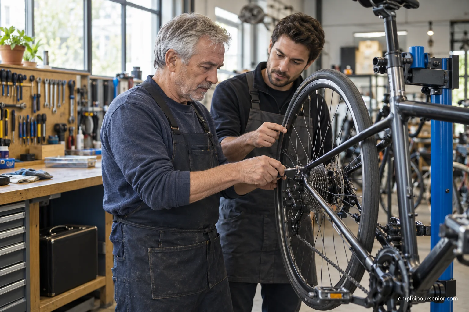 Un professionnel senior apprend à régler une roue de vélo avec un formateur.
