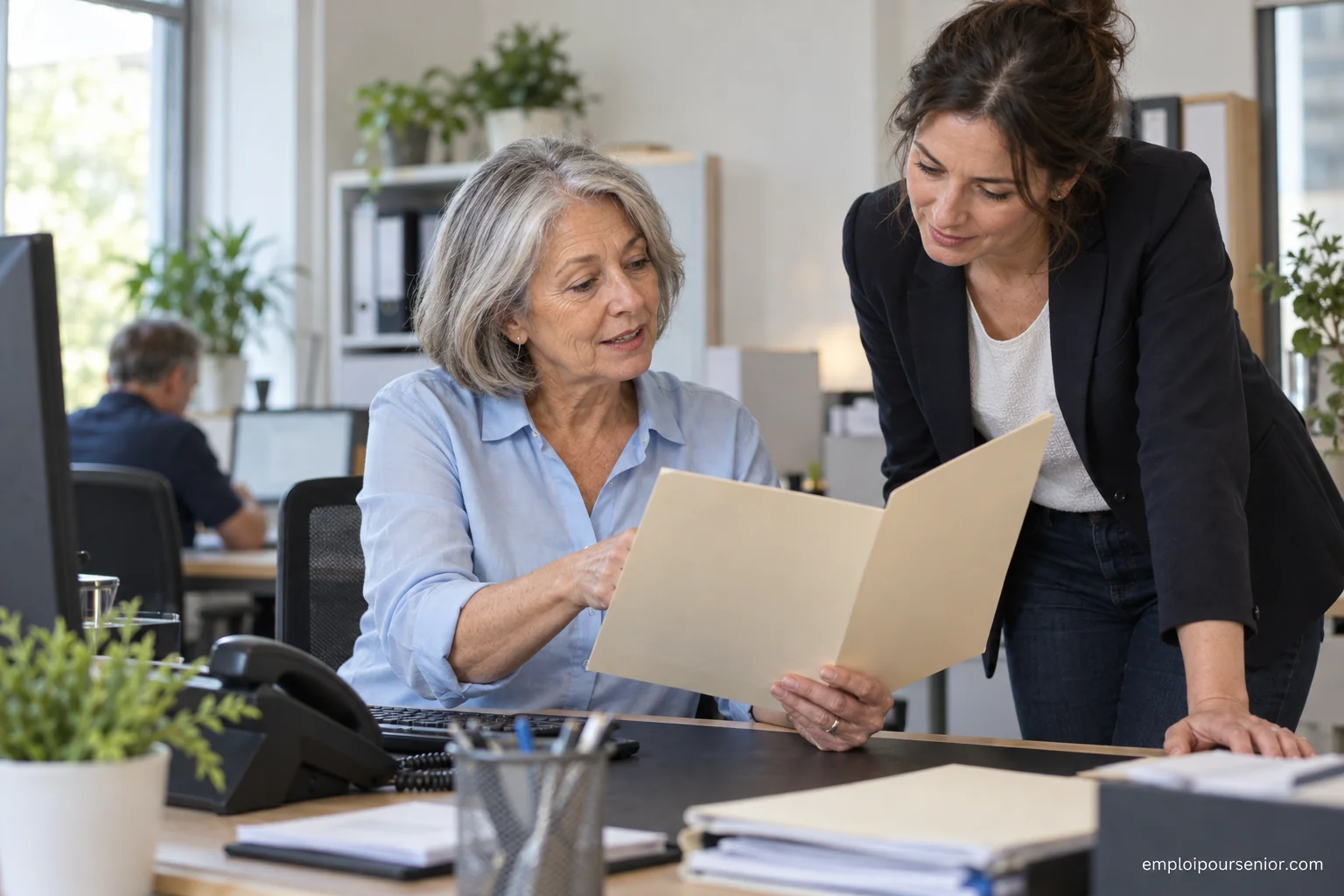 Une salariée aux cheveux gris échange avec un collègue dans un bureau lumineux.