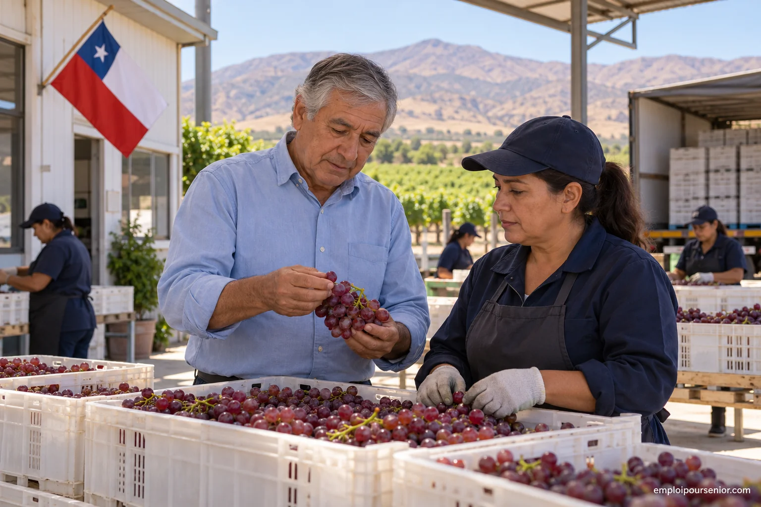 Un coordinateur senior contrôle des caisses de fruits dans une coopérative agricole chilienne