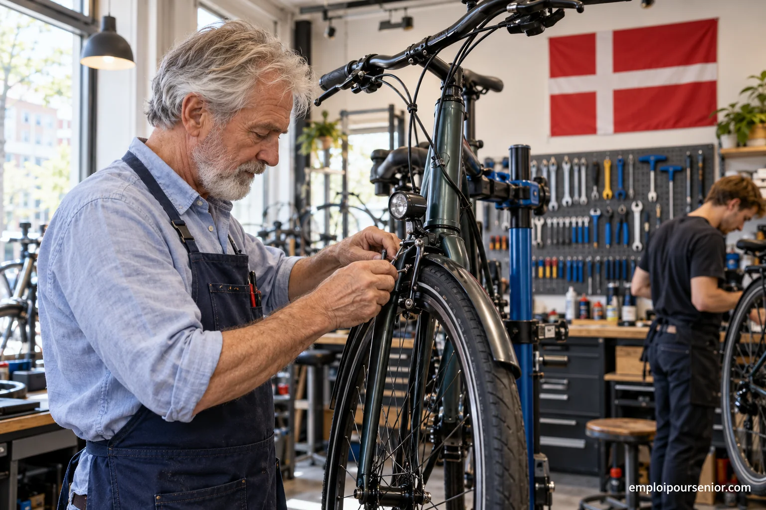 Un mecánico veterano ajusta el freno de una bicicleta en un taller danés.
