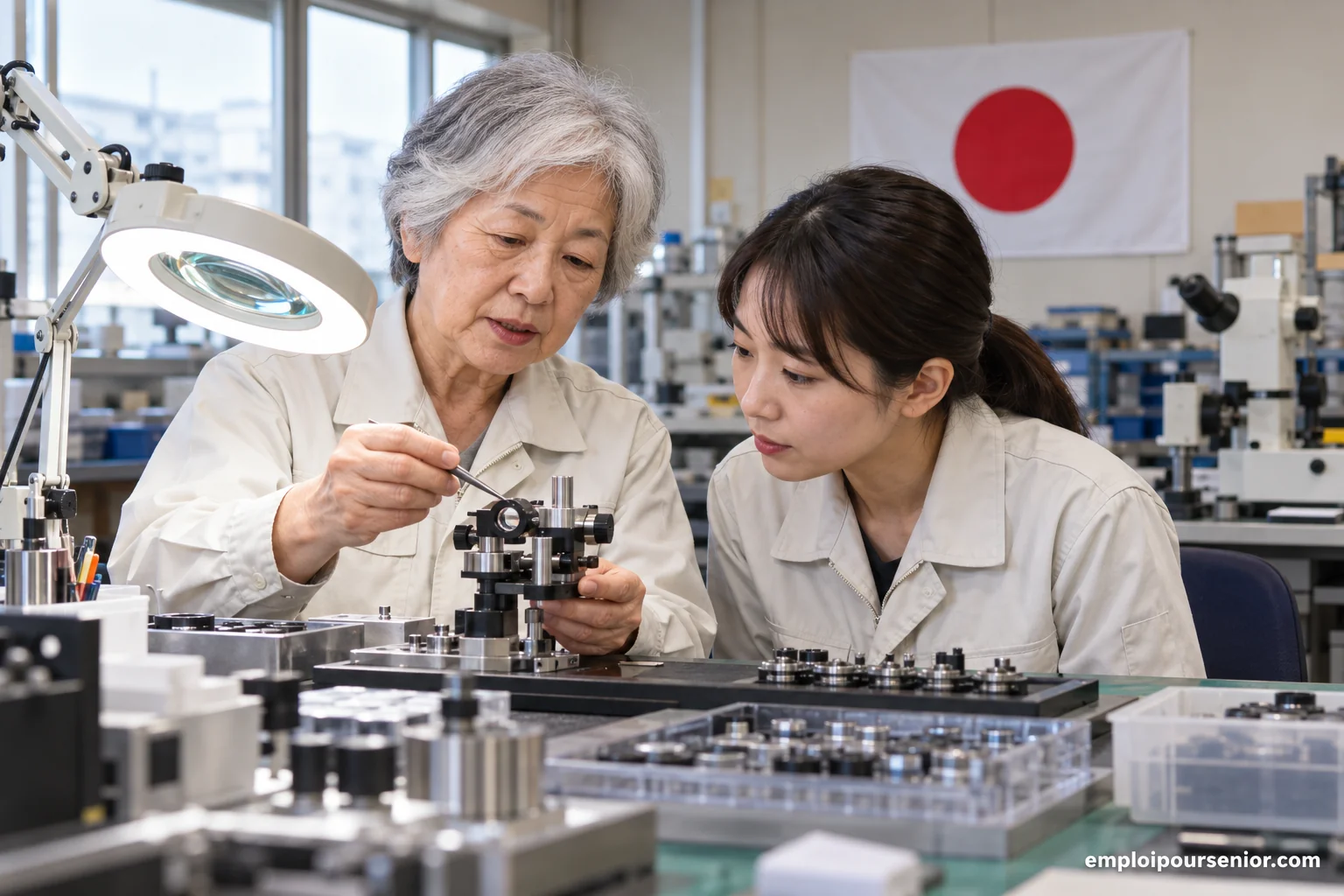 Una profesional veterana muestra un dispositivo de control en un taller japonés.