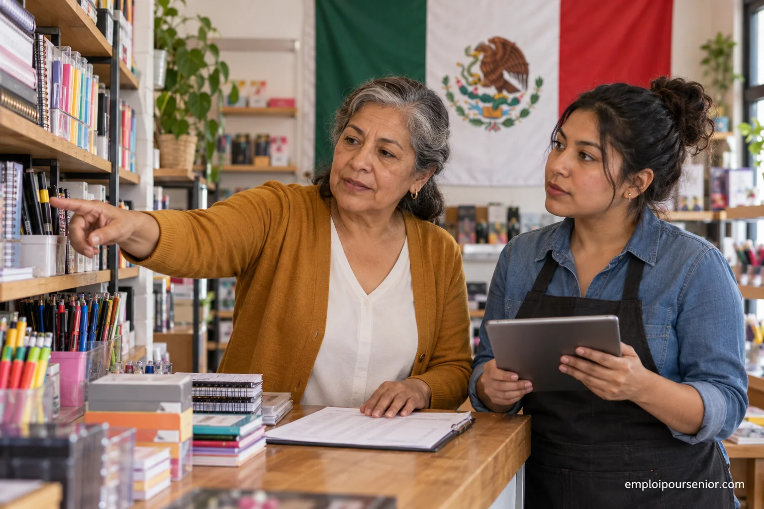 Une consultante senior aide un commerçant à suivre son stock dans une petite boutique mexicaine