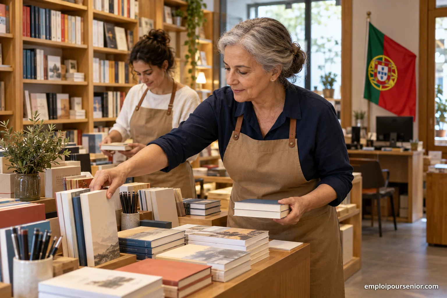 Une libraire senior prépare une présentation de livres avec une collègue dans une boutique portugaise.
