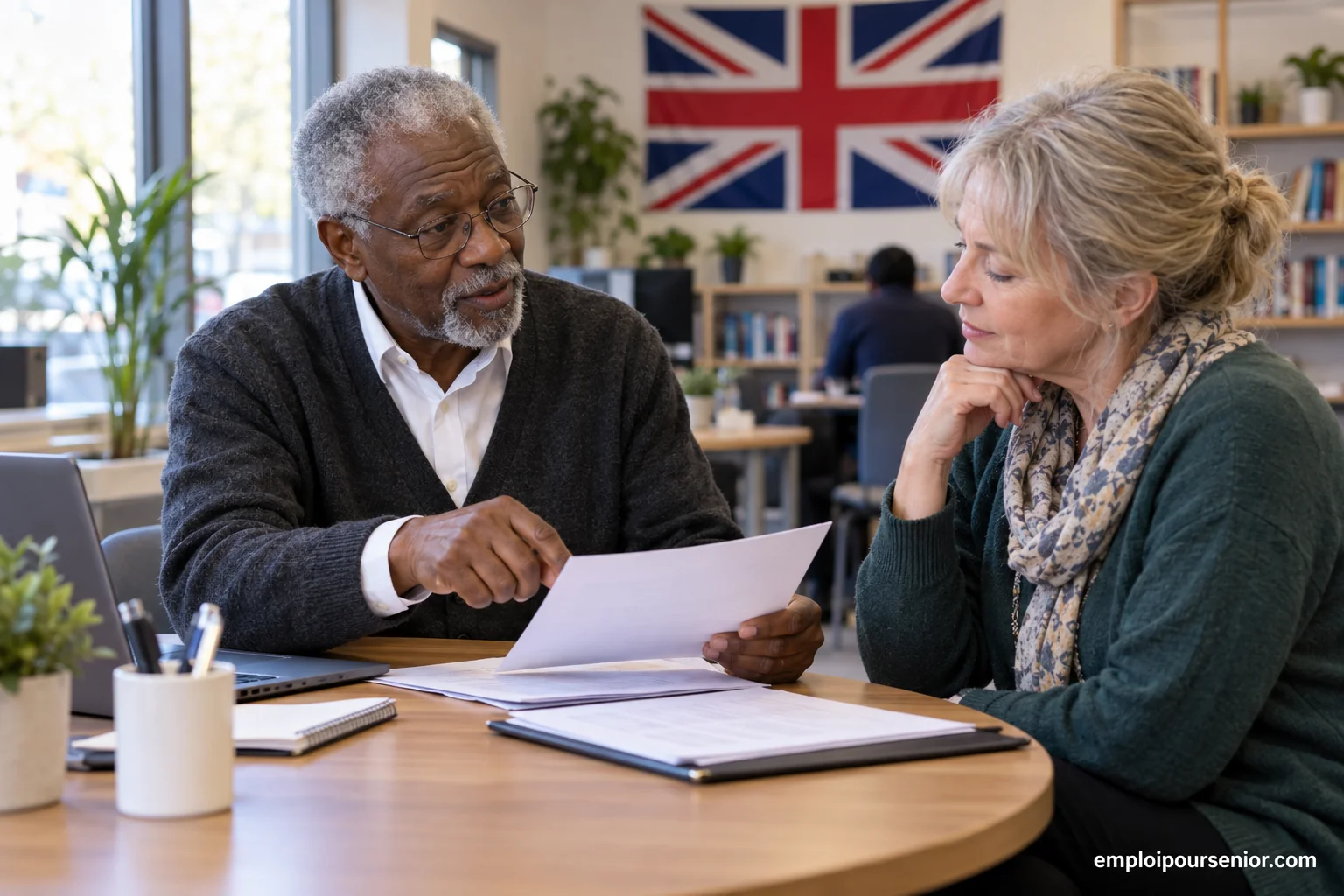 Un conseiller senior accompagne une candidate dans un centre britannique de formation professionnelle.