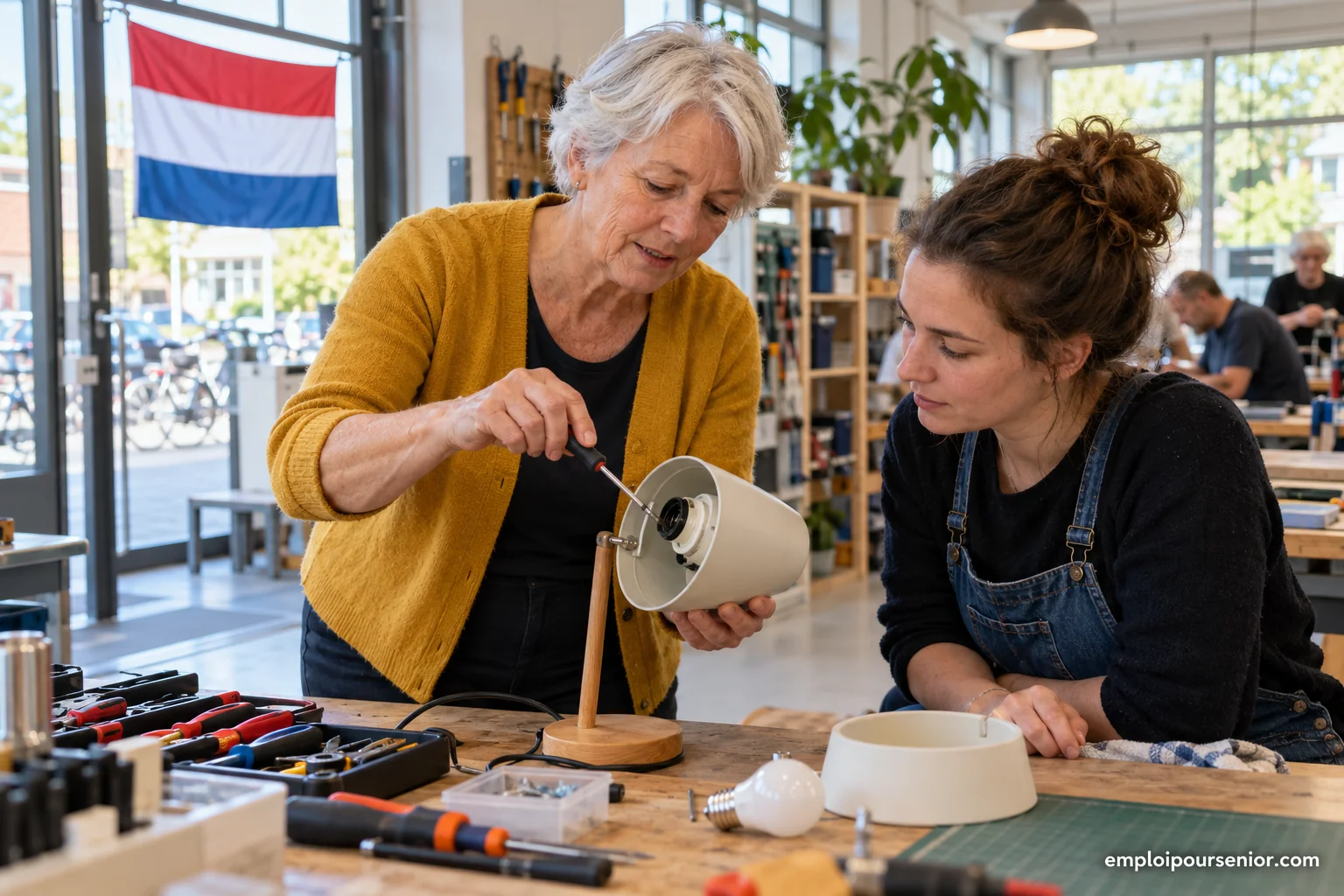 A senior coordinator explains how to repair an unplugged lamp in a Dutch workshop.