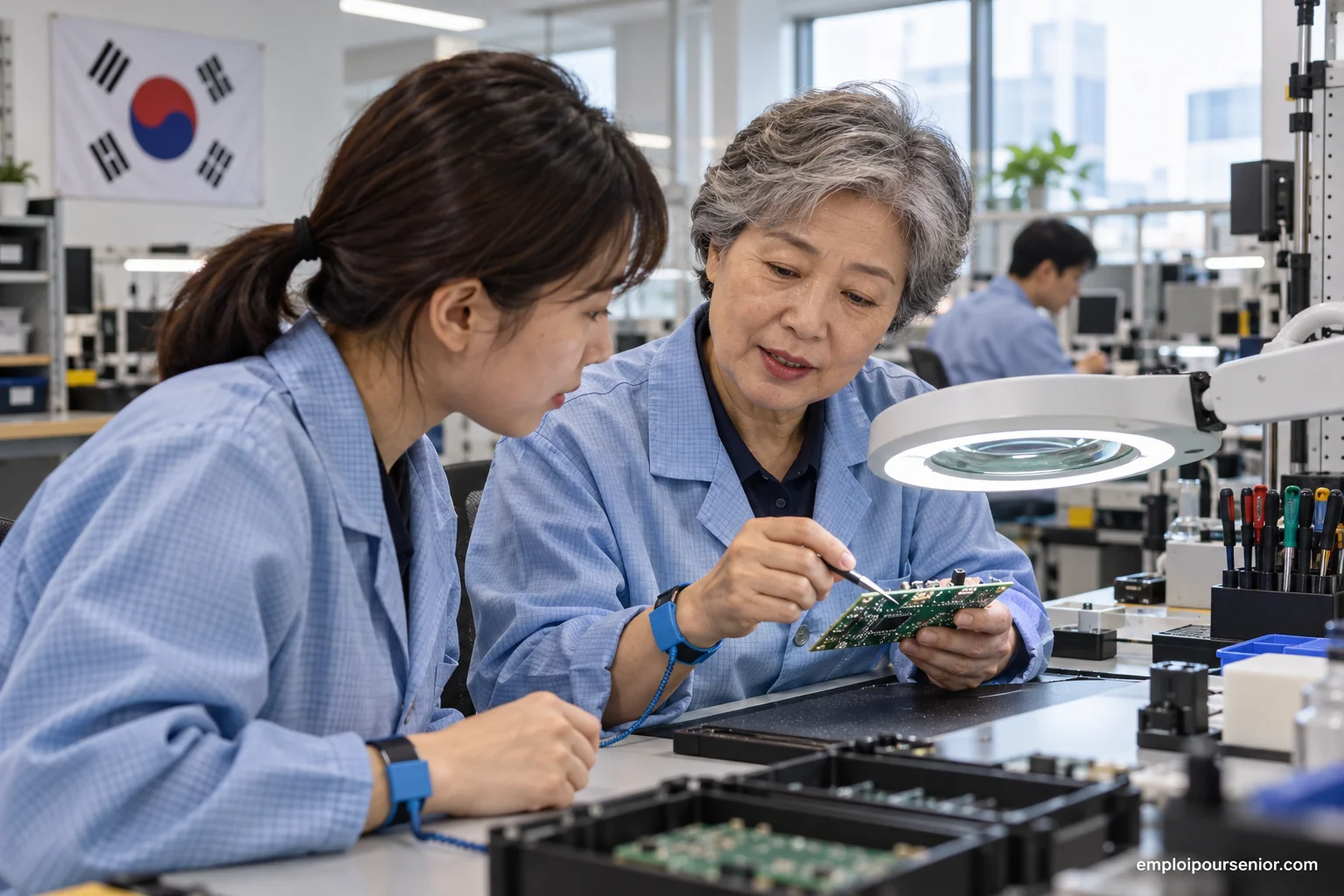 Una profesional veterana explica un circuito electrónico en un taller coreano.