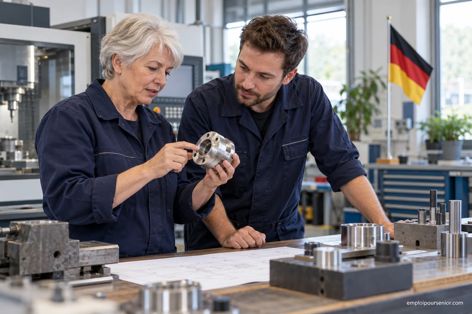Une technicienne senior examine une pièce mécanique dans un atelier allemand.