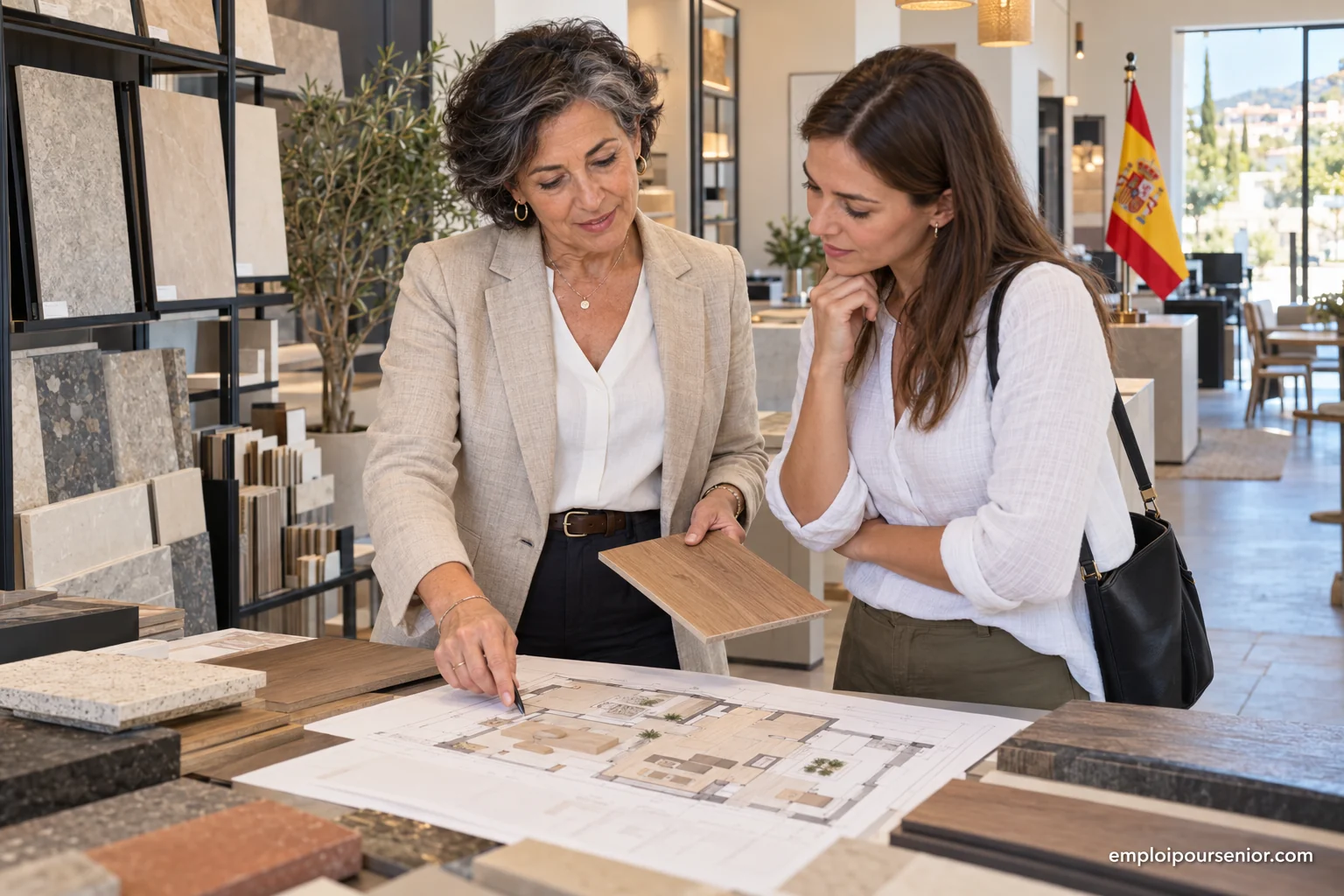 Une coordinatrice senior examine un plan et des matériaux avec un client en Espagne.