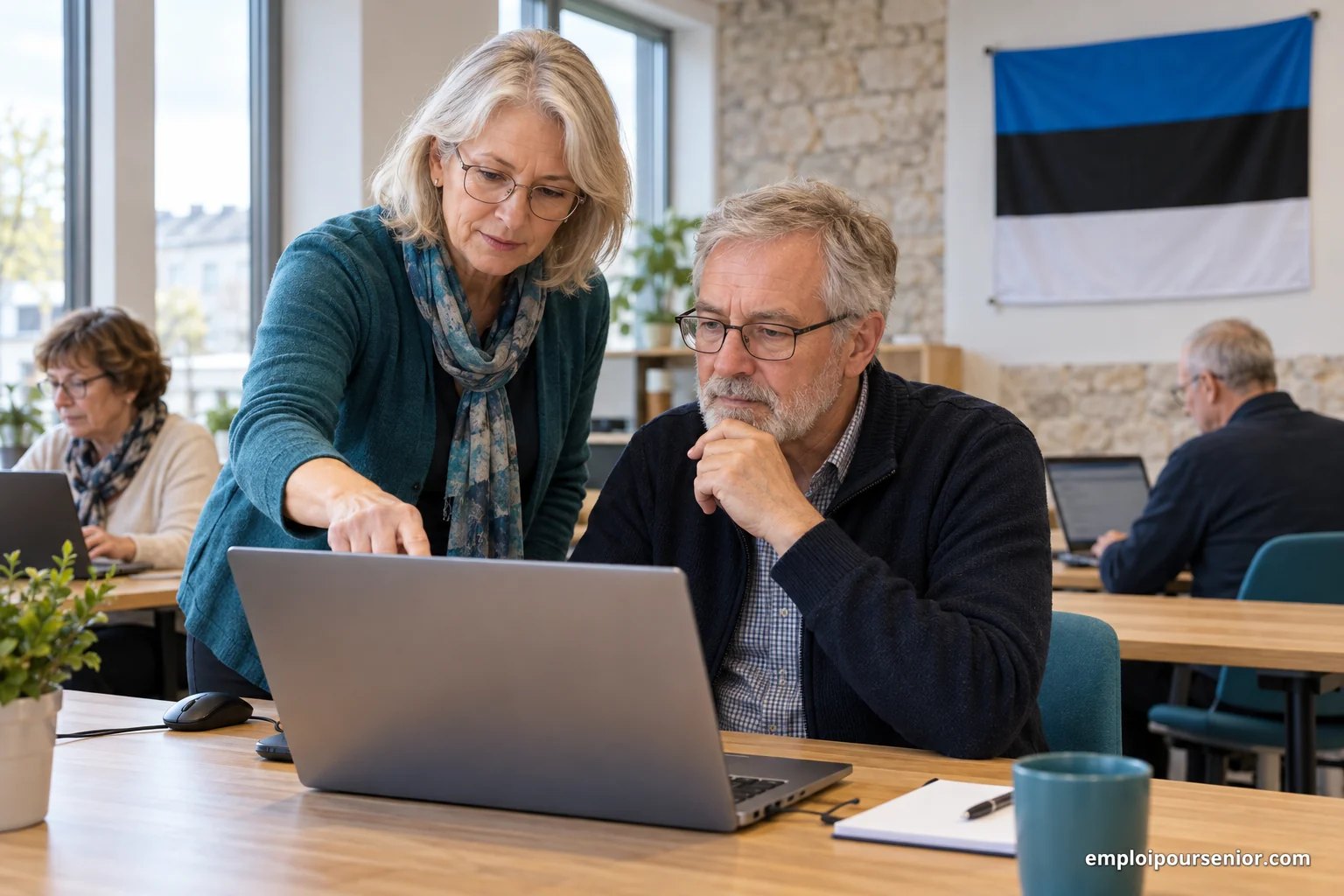 A senior trainer helps an adult learner at a computer in a training room in Estonia.