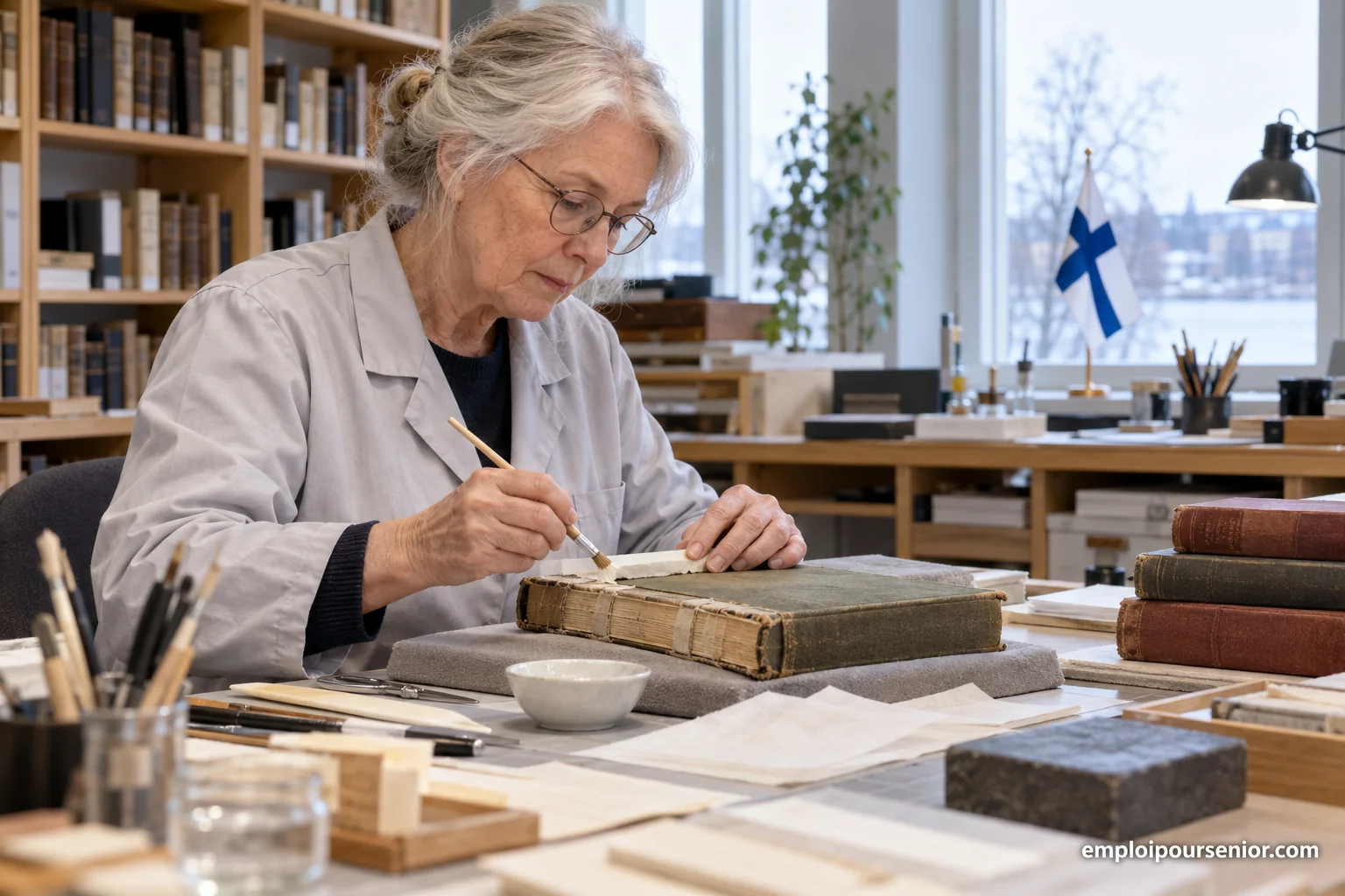 Une spécialiste senior restaure la reliure d’un livre ancien dans un atelier finlandais.
