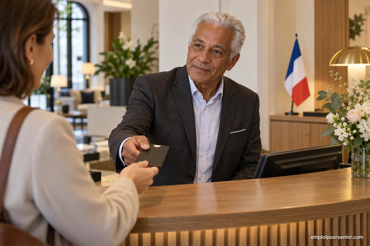 Ein älterer Hotelrezeptionist übergibt Gästen in einem französischen Hotel eine Zimmerkarte
