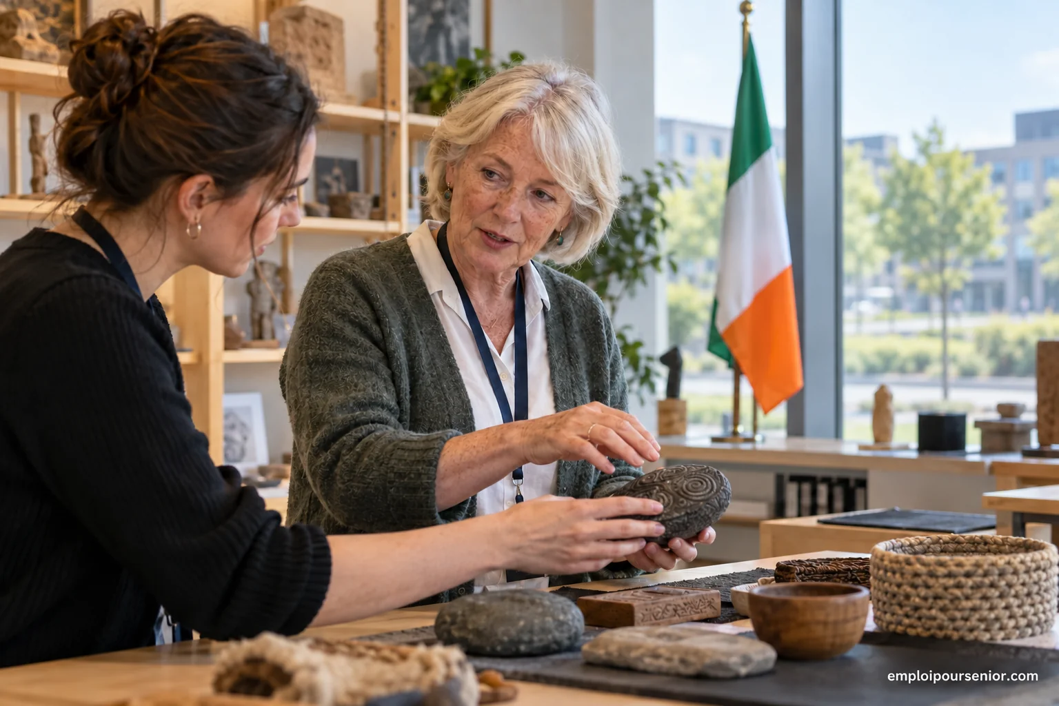 Una coordinadora mayor prepara materiales didácticos para visitantes en un museo irlandés