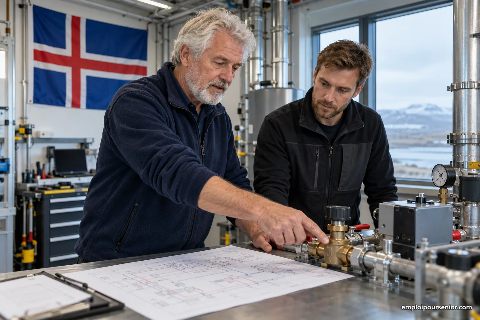 Ein älterer Koordinator erklärt in einem isländischen Gebäude eine technische Anlage