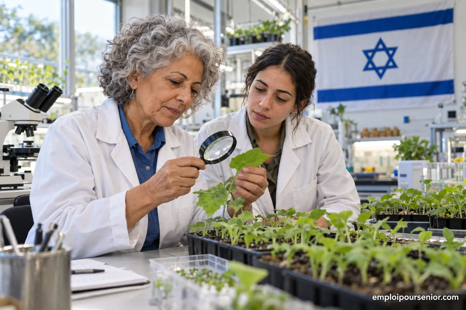 Une spécialiste senior examine une feuille dans un laboratoire agricole israélien