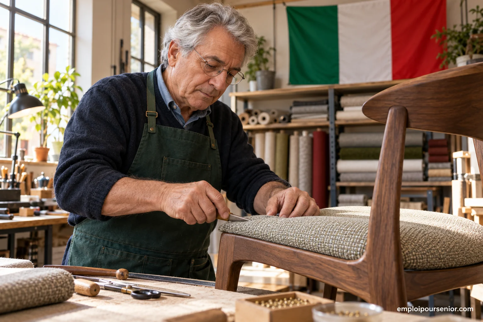A senior craftsman fits fabric onto a chair frame in an Italian workshop.