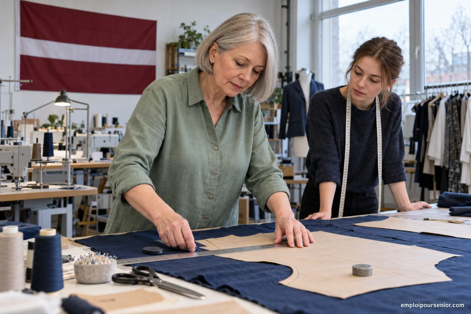 A senior technician checks a textile pattern in a clothing workshop in Latvia.