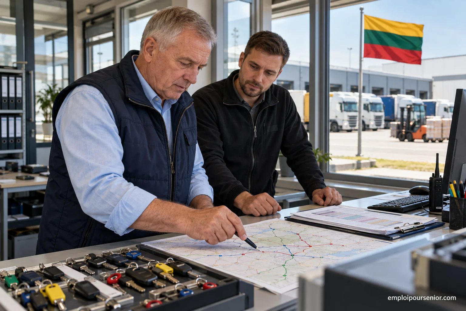 Ein erfahrener Koordinator plant in einem litauischen Frachtterminal die Routen für den Gütertransport.